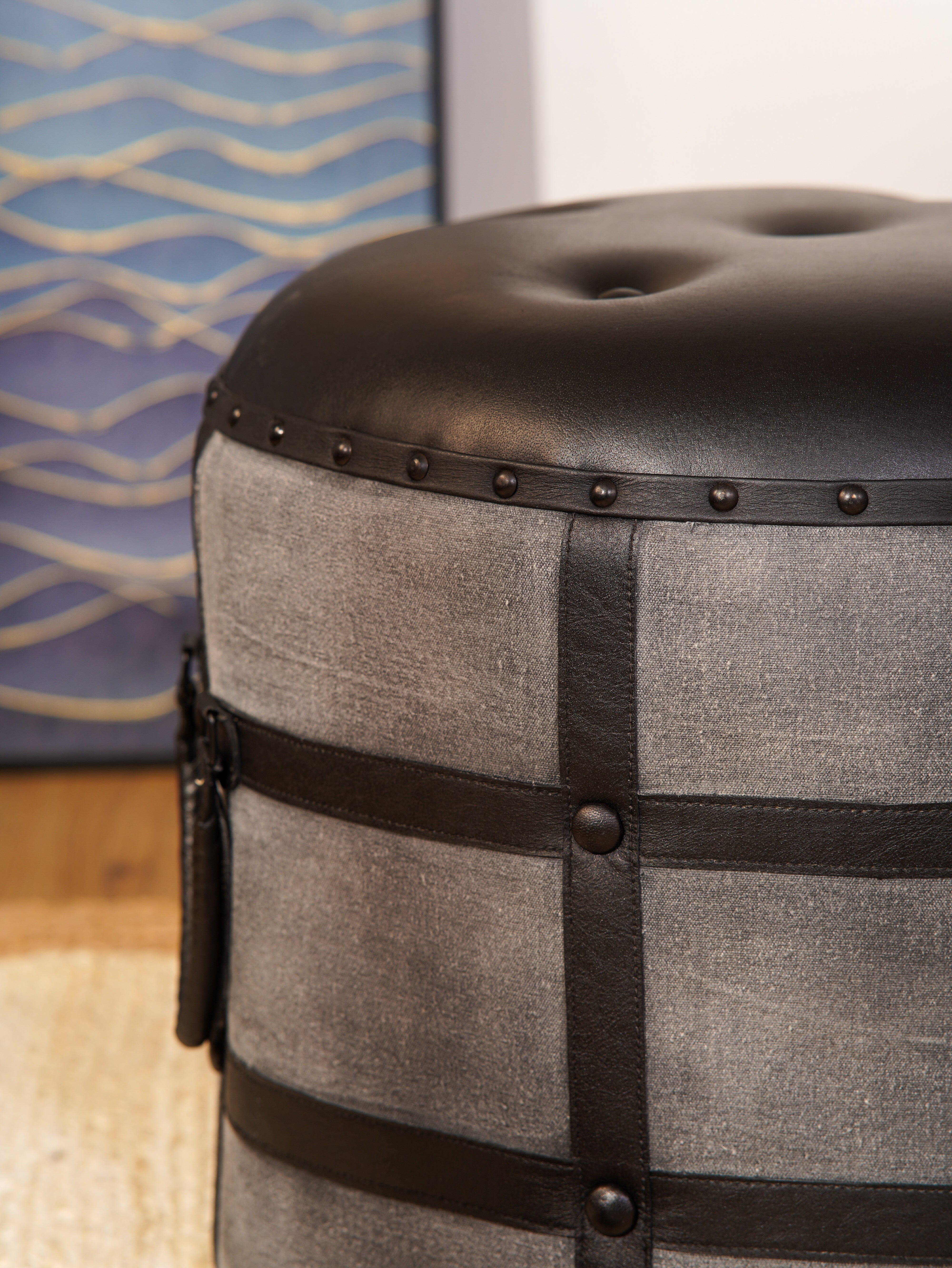 The Voyager’s Rest – Round Canvas & Leather Ottoman | Wood Frame | Handcrafted Accent Pouf