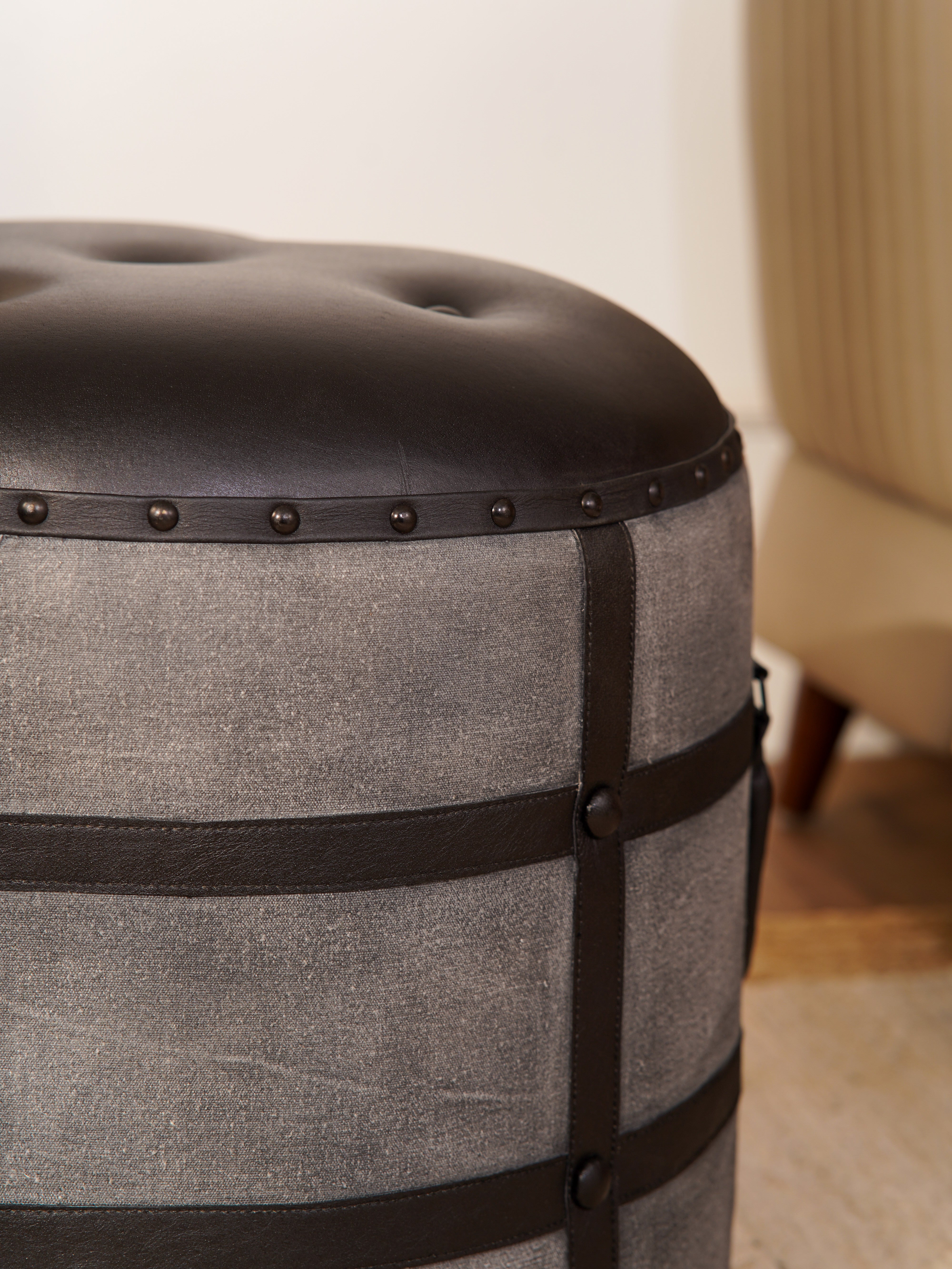 The Voyager’s Rest – Round Canvas & Leather Ottoman | Wood Frame | Handcrafted Accent Pouf