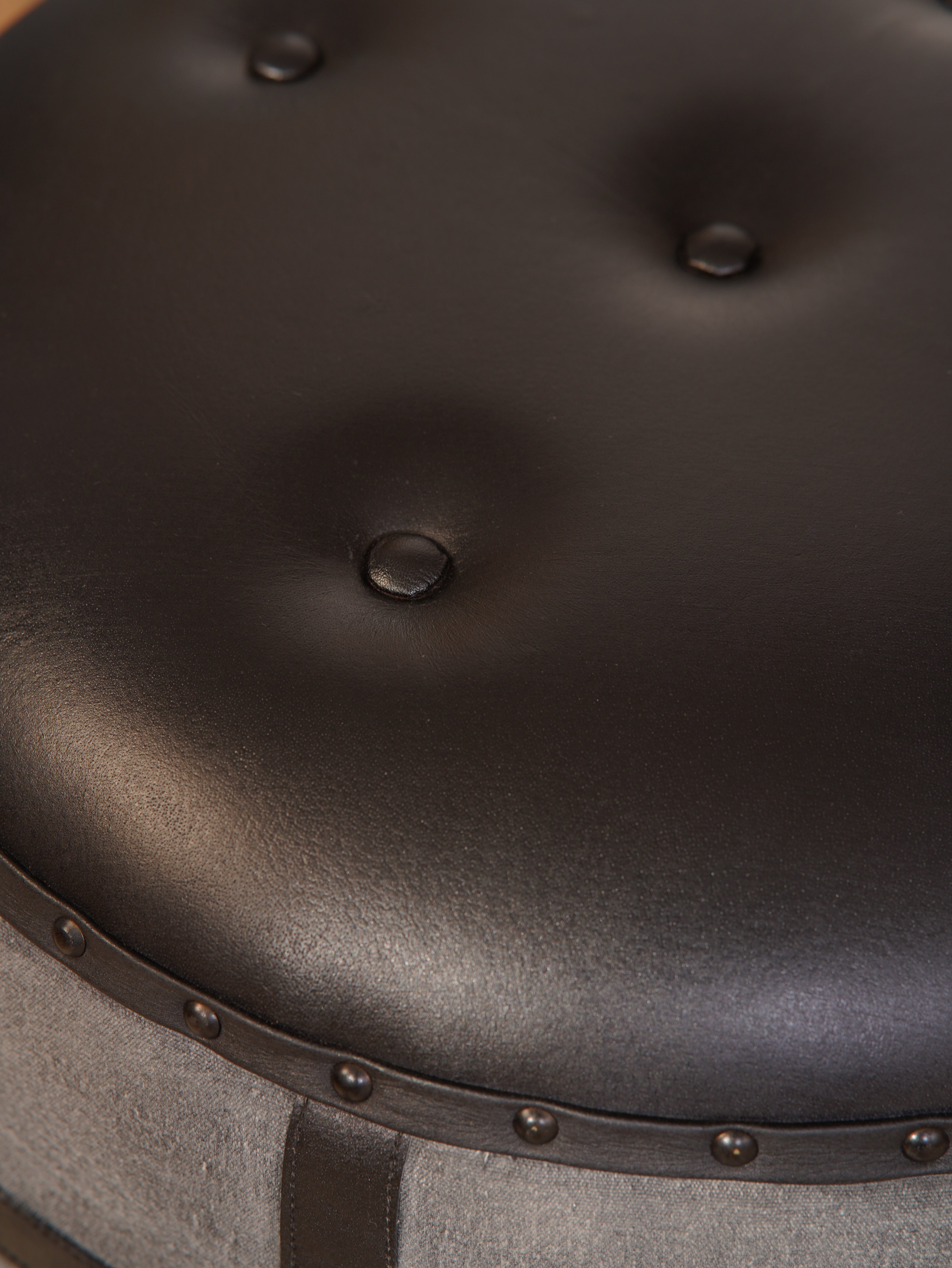 The Voyager’s Rest – Round Canvas & Leather Ottoman | Wood Frame | Handcrafted Accent Pouf