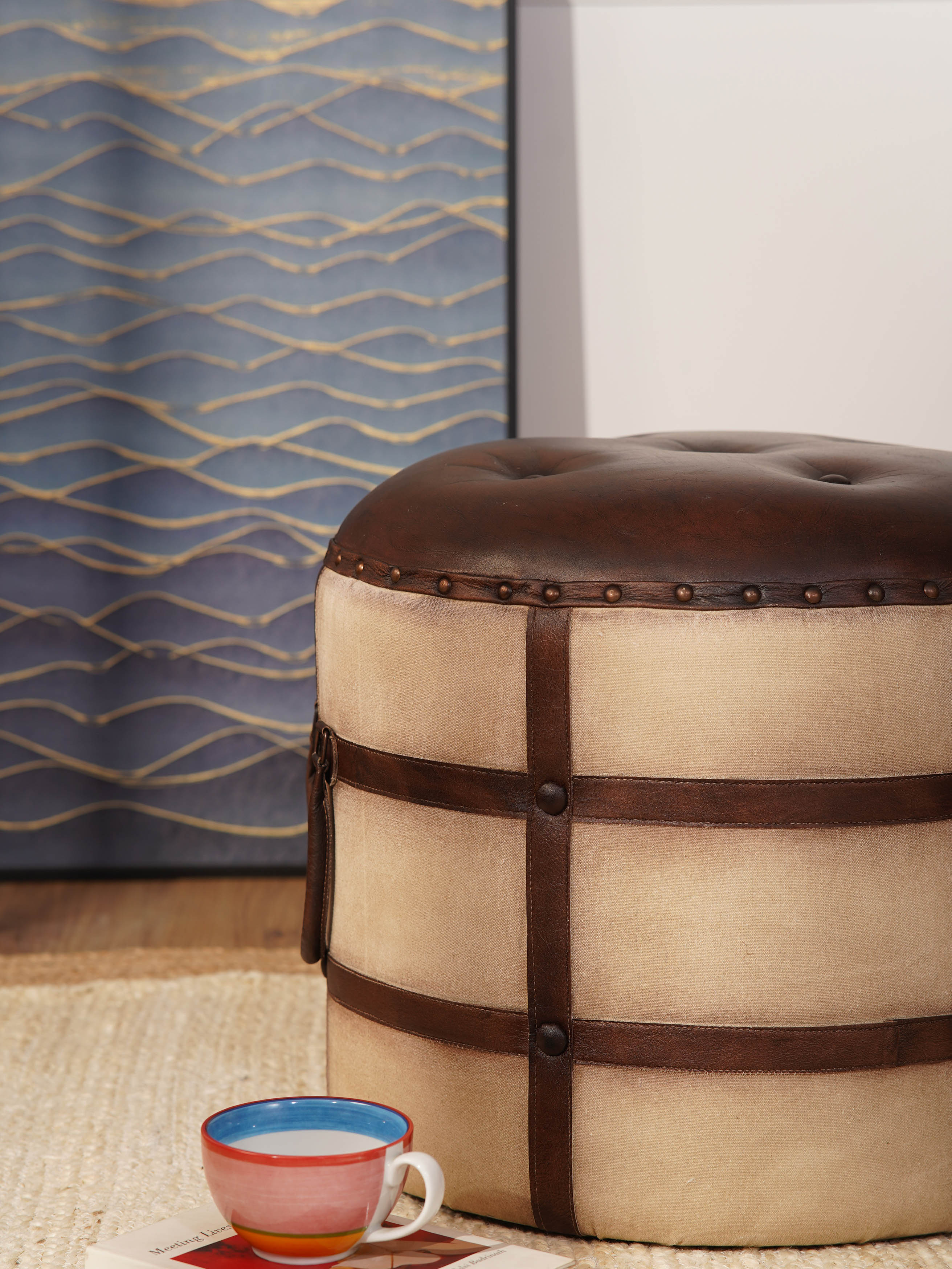 The Voyager’s Rest – Round Canvas & Leather Ottoman | Wood Frame | Handcrafted Accent Pouf