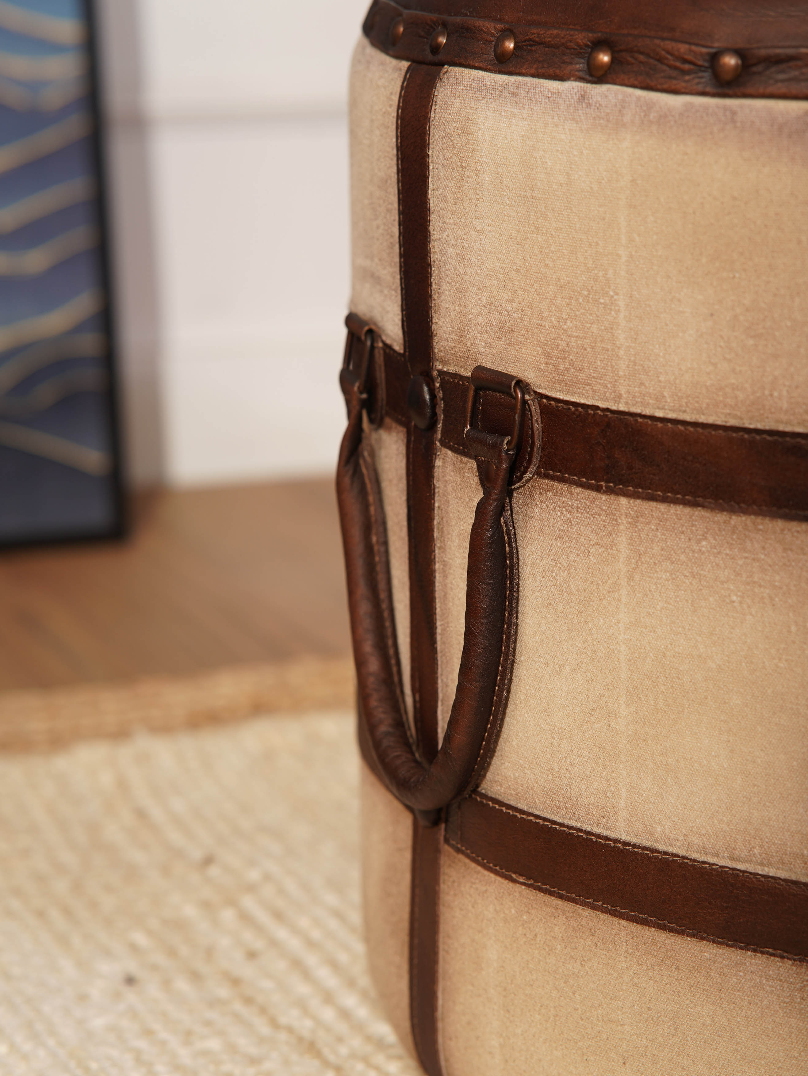 The Voyager’s Rest – Round Canvas & Leather Ottoman | Wood Frame | Handcrafted Accent Pouf