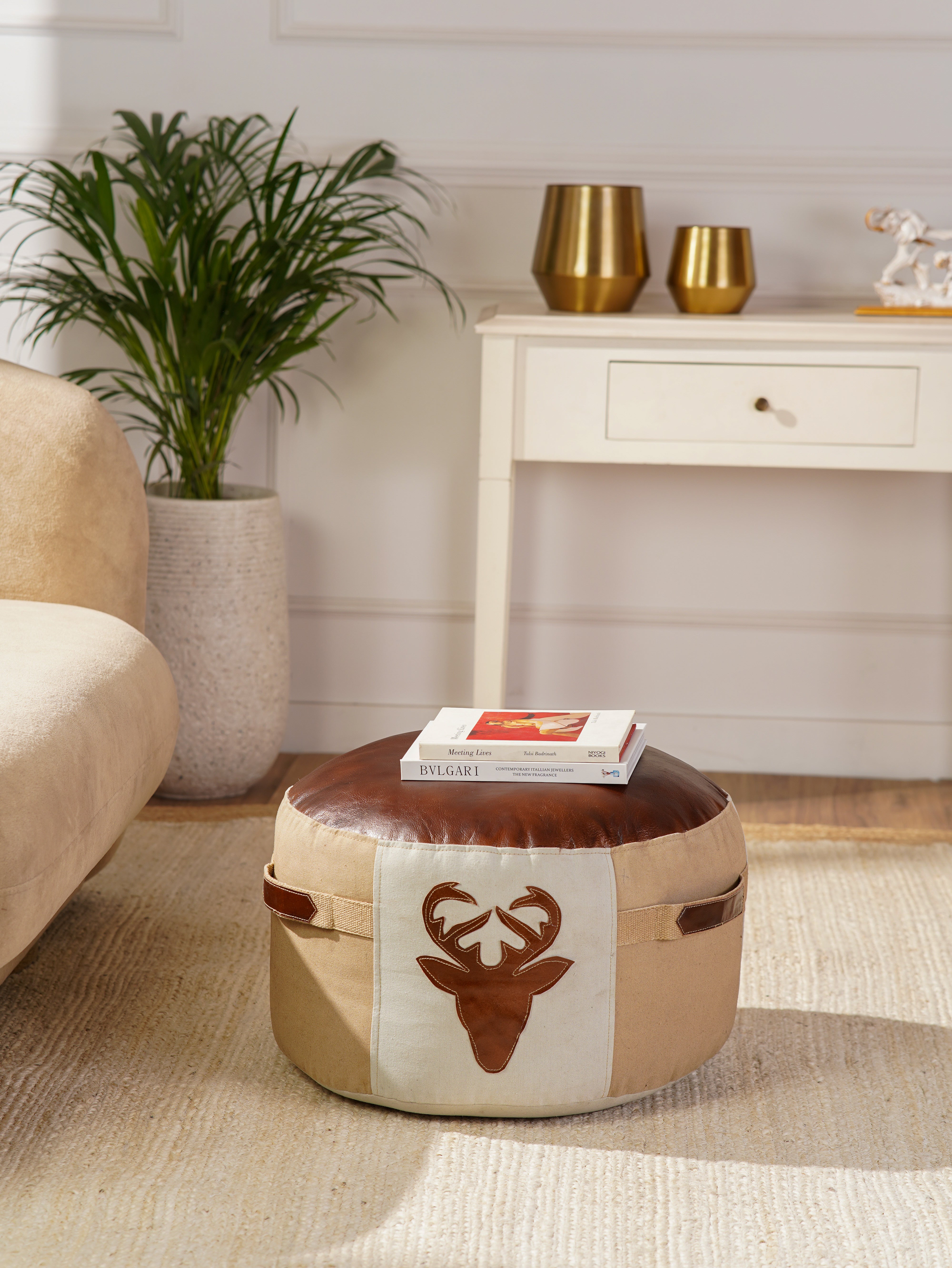 Stag Haven Pouf – Round Canvas & Leather Ottoman | Beige & Brown