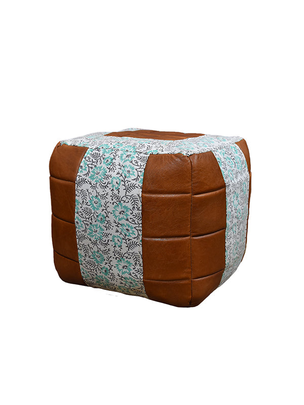 LeafStitch Canvas & Leather Pouf – Handmade Square Ottoman | 18"x18" | Floral