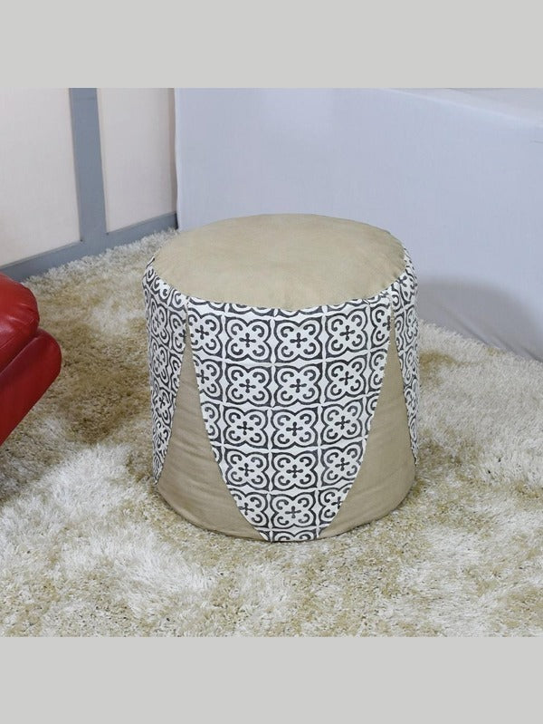 Mosaic Canvas Drum Pouf – Round Ottoman | Beige & Black