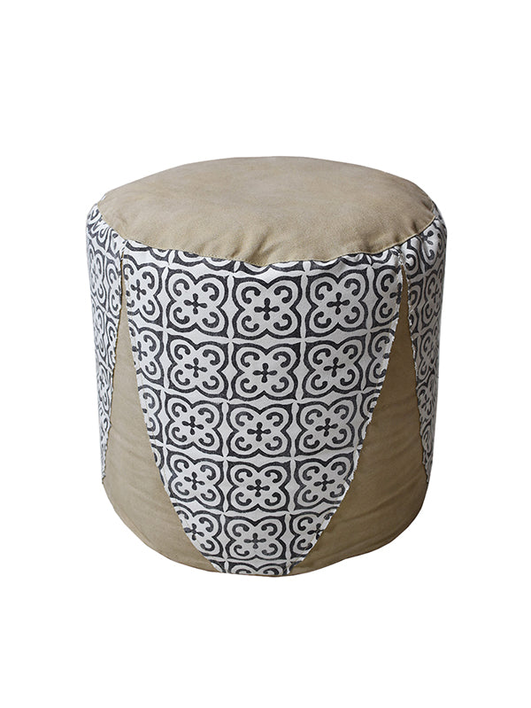 Mosaic Canvas Drum Pouf – Round Ottoman | Beige & Black