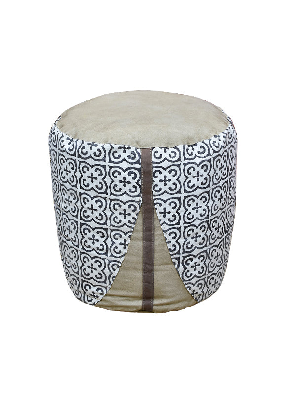 Mosaic Canvas Drum Pouf – Round Ottoman | Beige & Black