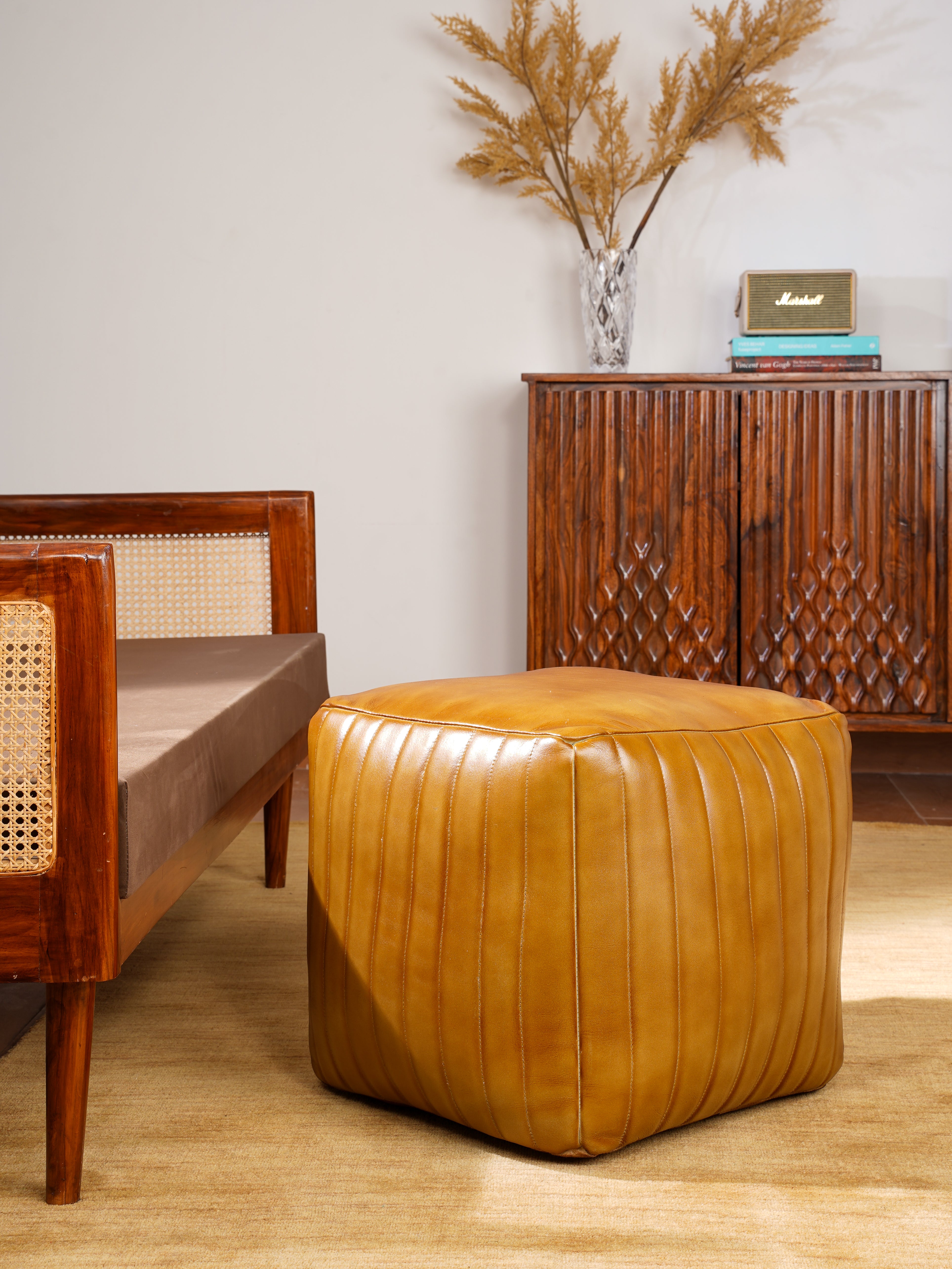 Sandstone Leather Pouf – Beige Ottoman | Handmade | Contemporary | Filled | Square & Round