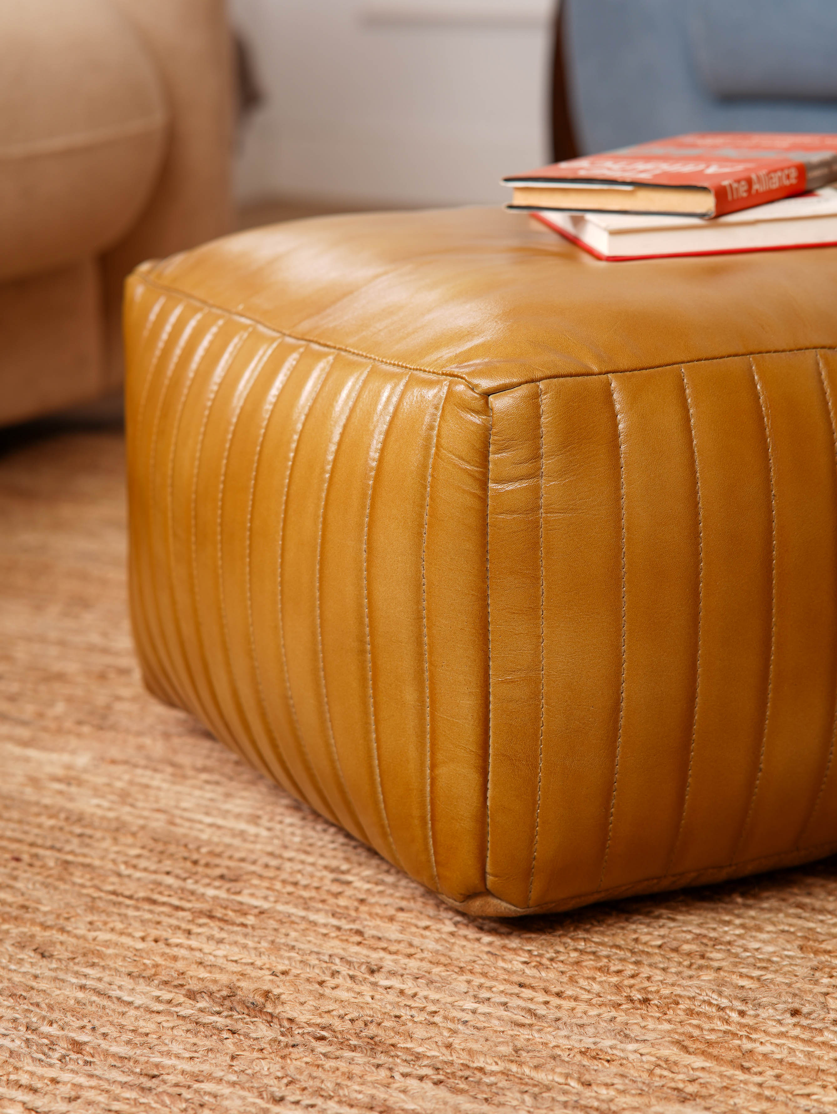 Sandstone Leather Pouf – Beige Ottoman | Handmade | Contemporary | Filled | Square & Round