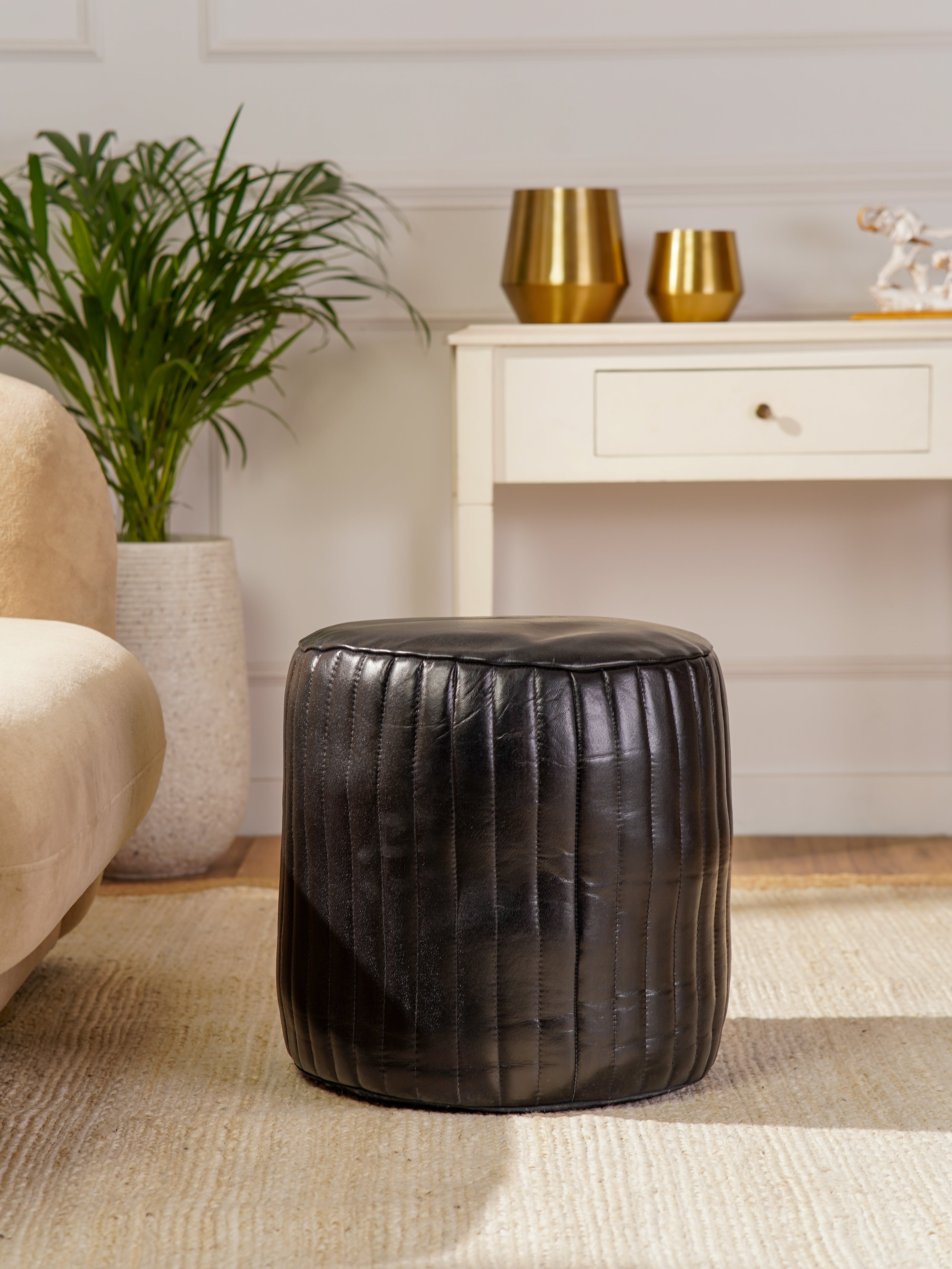 Round Buffalo Leather Pouf – Eclipse Ottoman | Handmade | Black | Filled