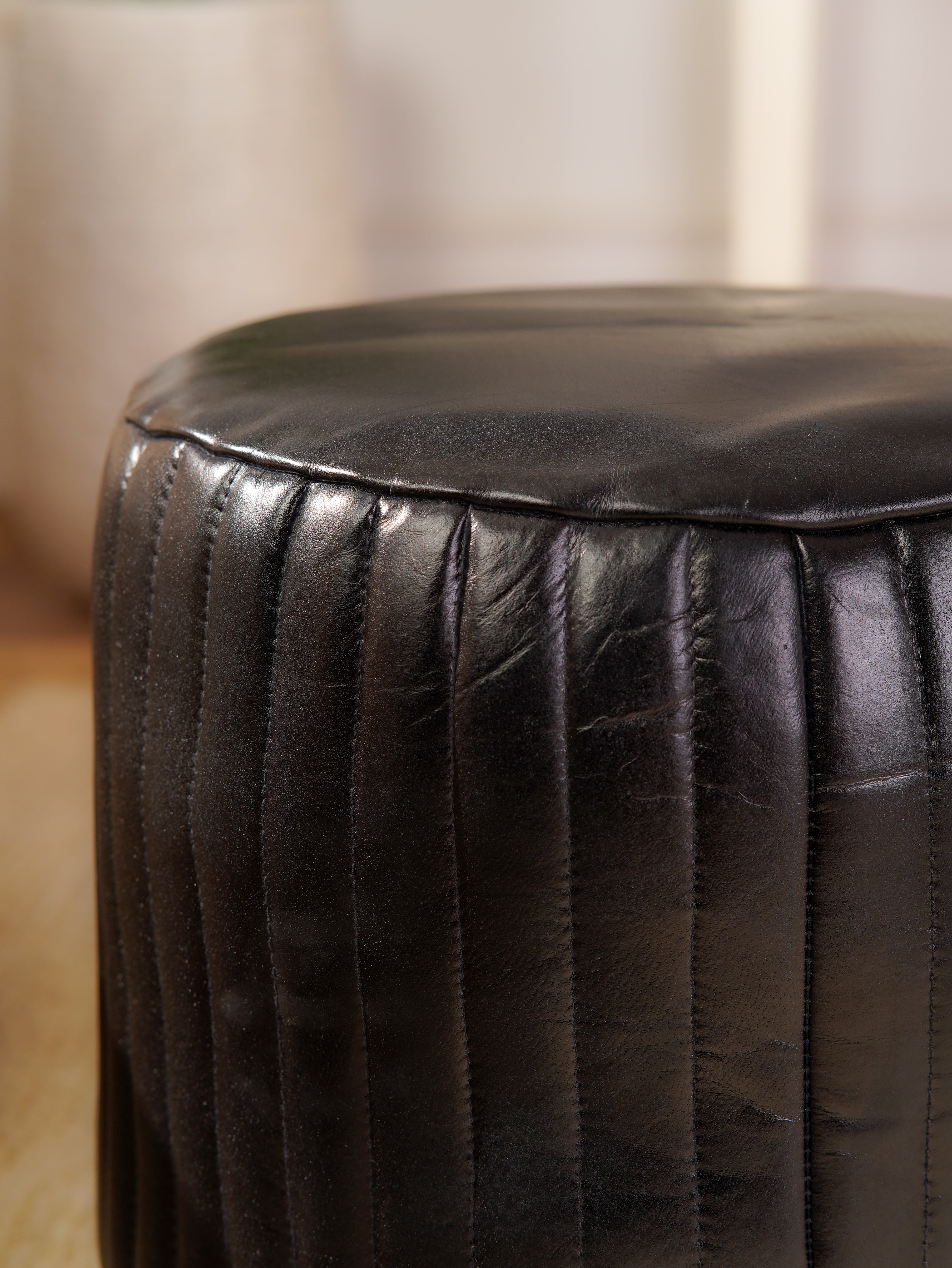 Round Buffalo Leather Pouf – Eclipse Ottoman | Handmade | Black | Filled
