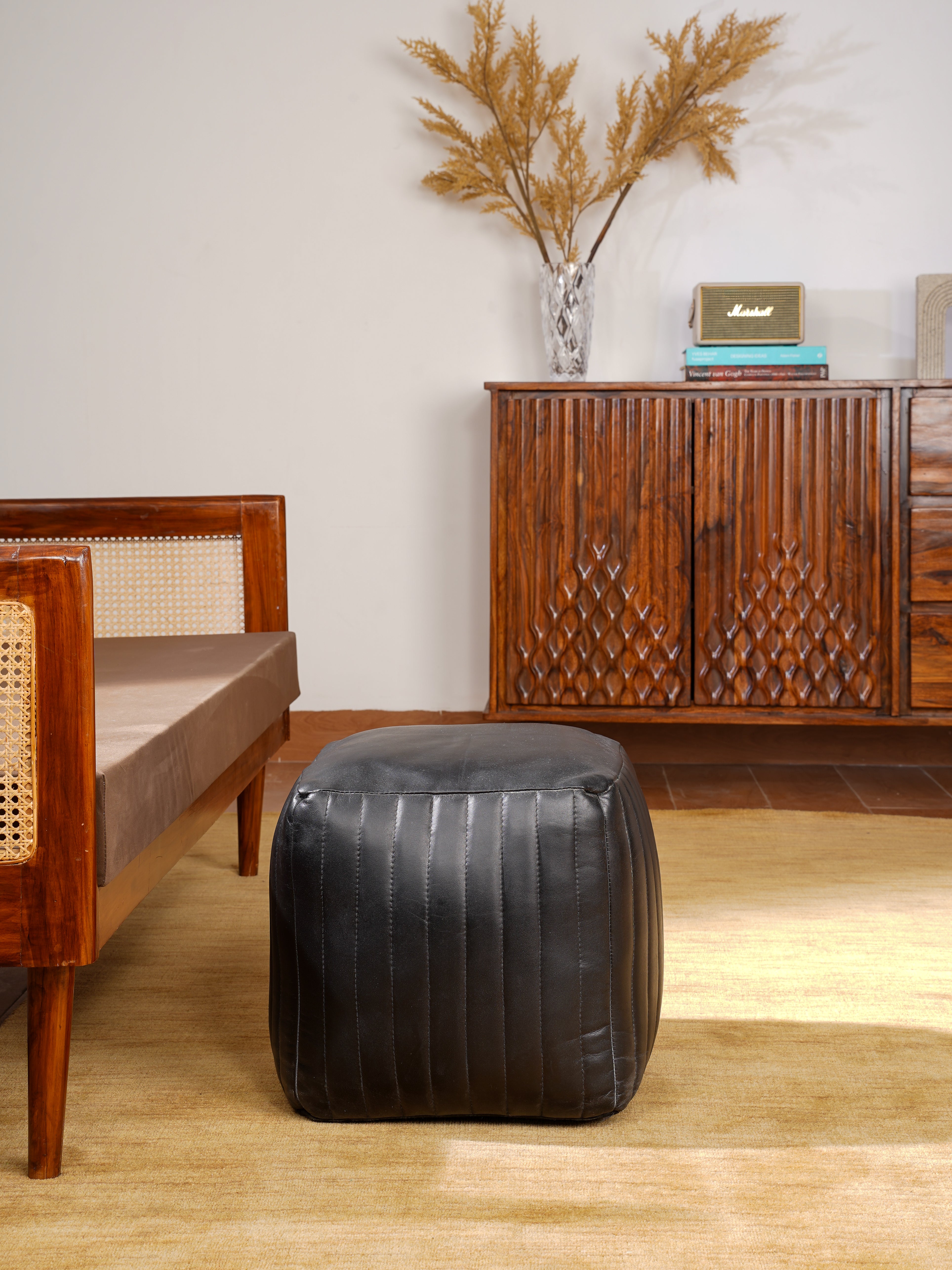 Round Buffalo Leather Pouf โ Eclipse Ottoman | Handmade | Black | Filled