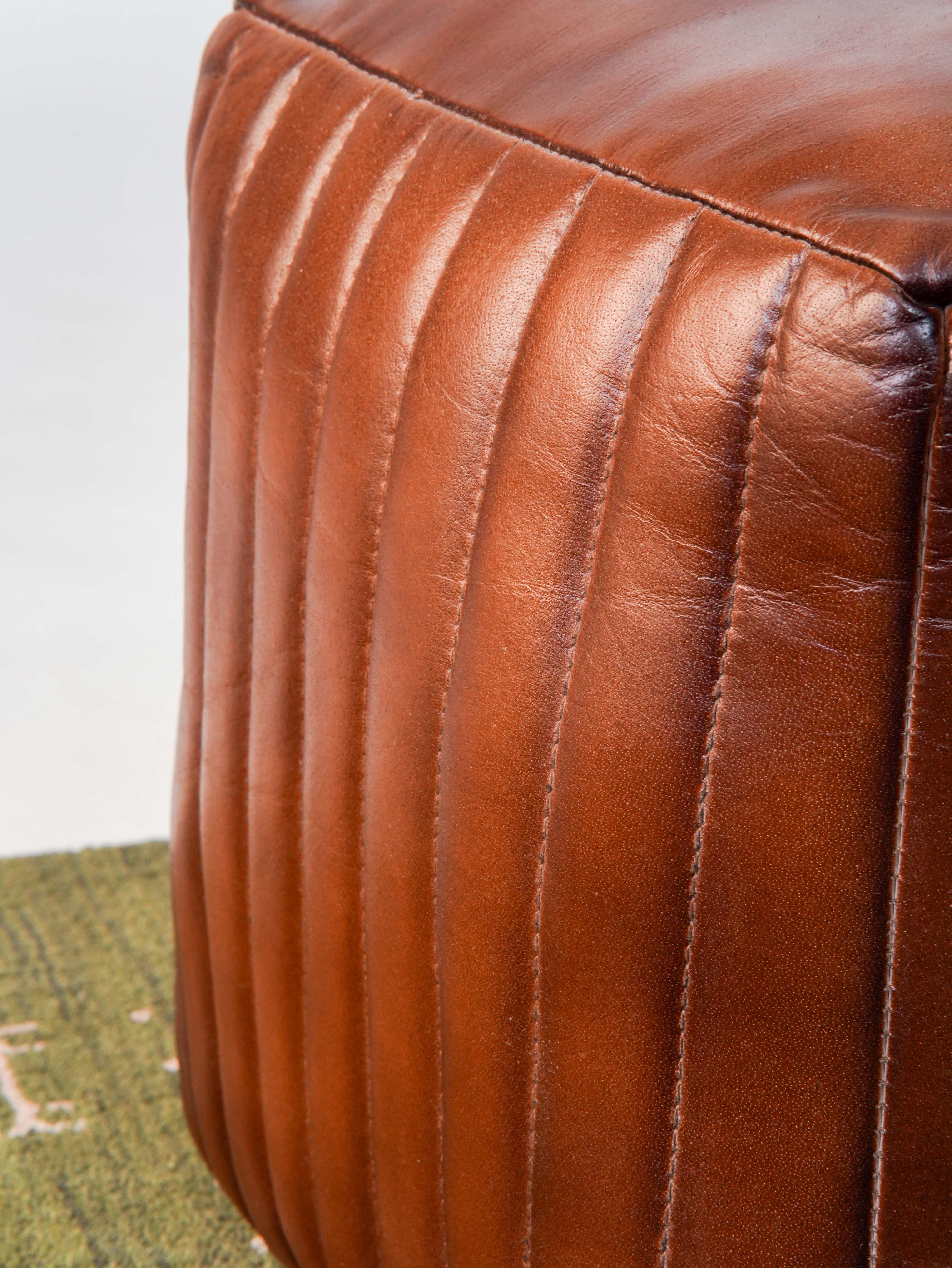 Strata Leather Pouf| Brown Ottoman | Handmade | Contemporary | Filled | Square