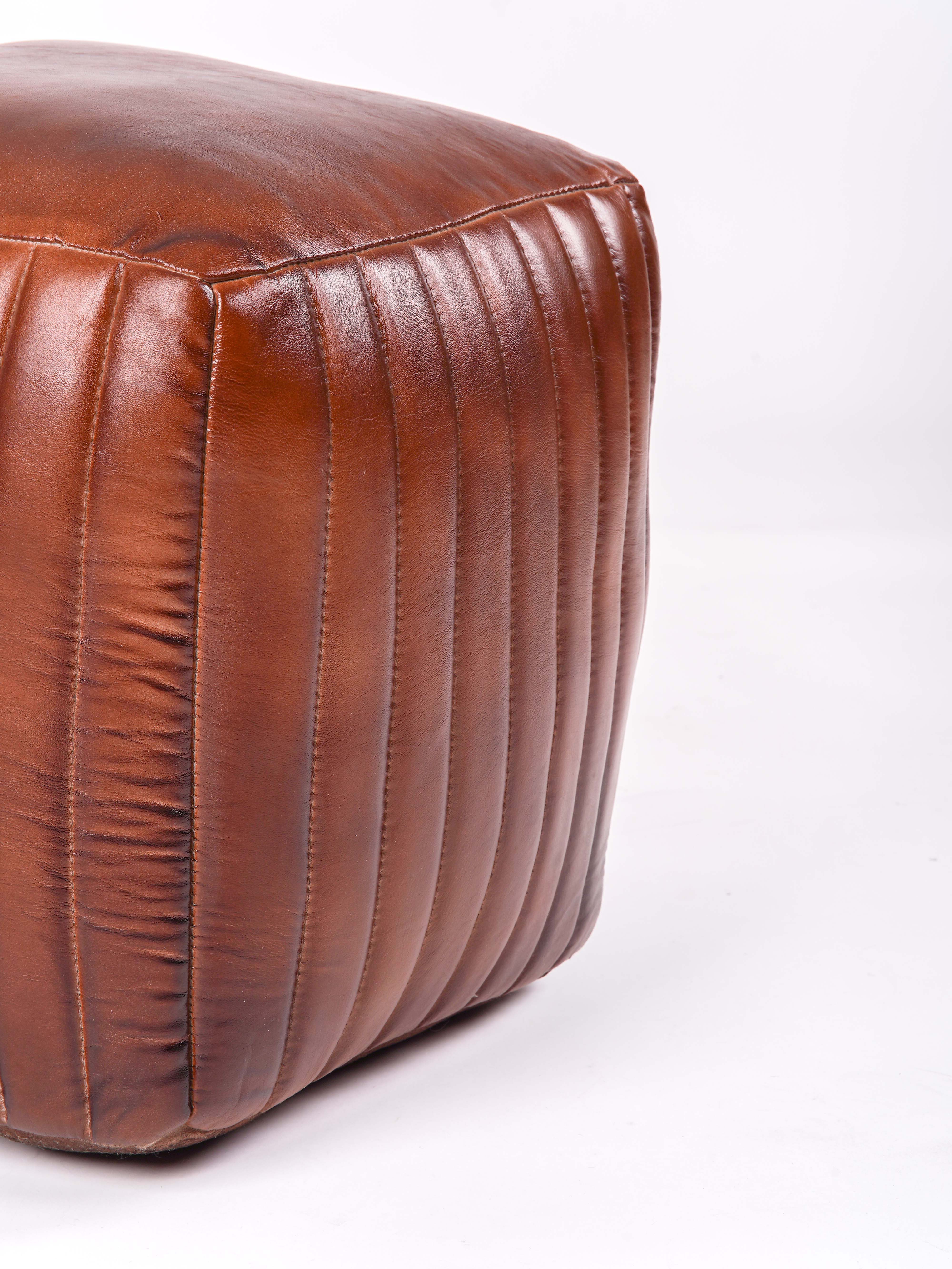 Strata Leather Pouf| Brown Ottoman | Handmade | Contemporary | Filled | Square