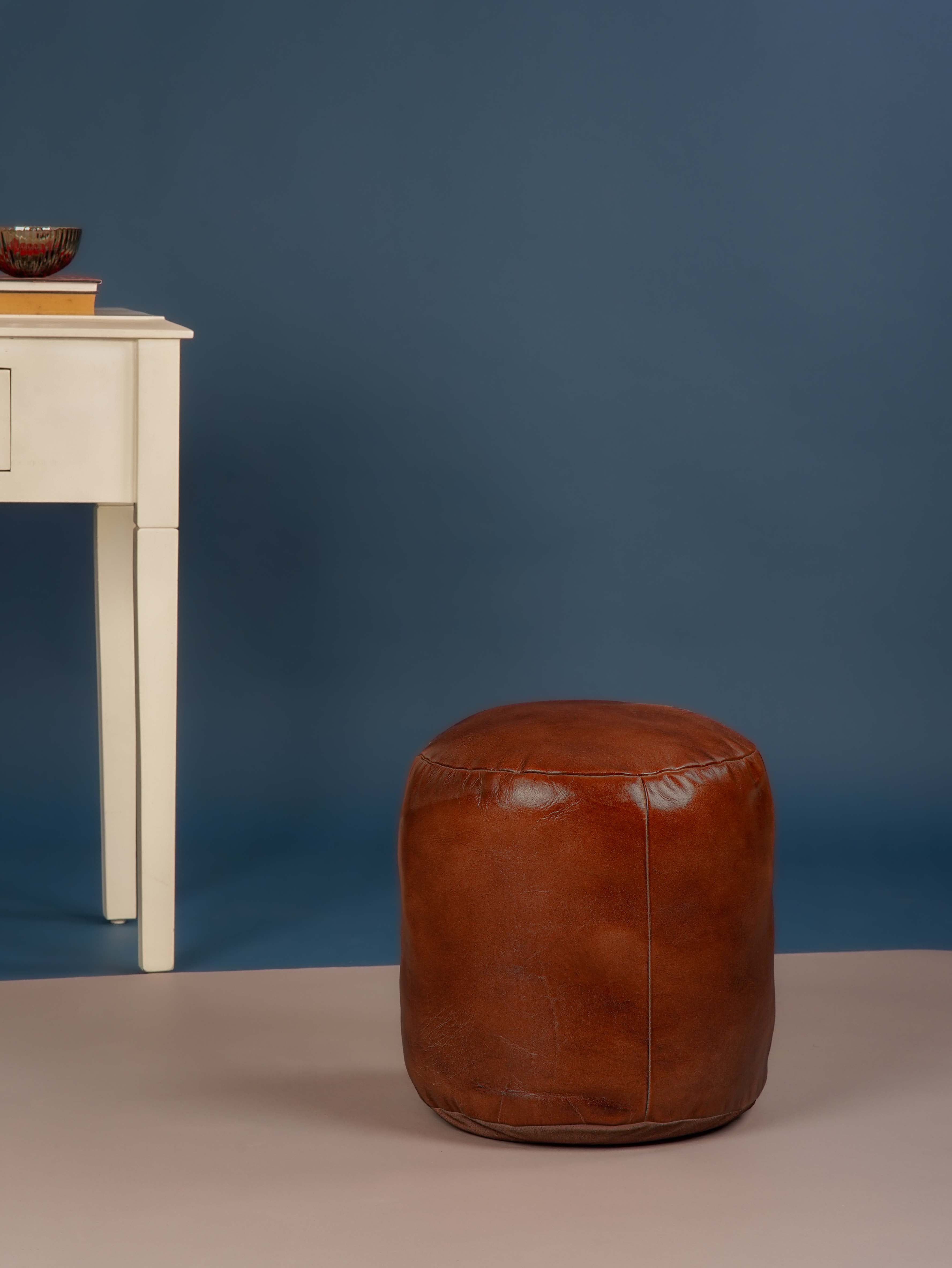 Handmade Buffalo Leather Pouf – Multiple Sizes & Colors | Round or Square | Filled
