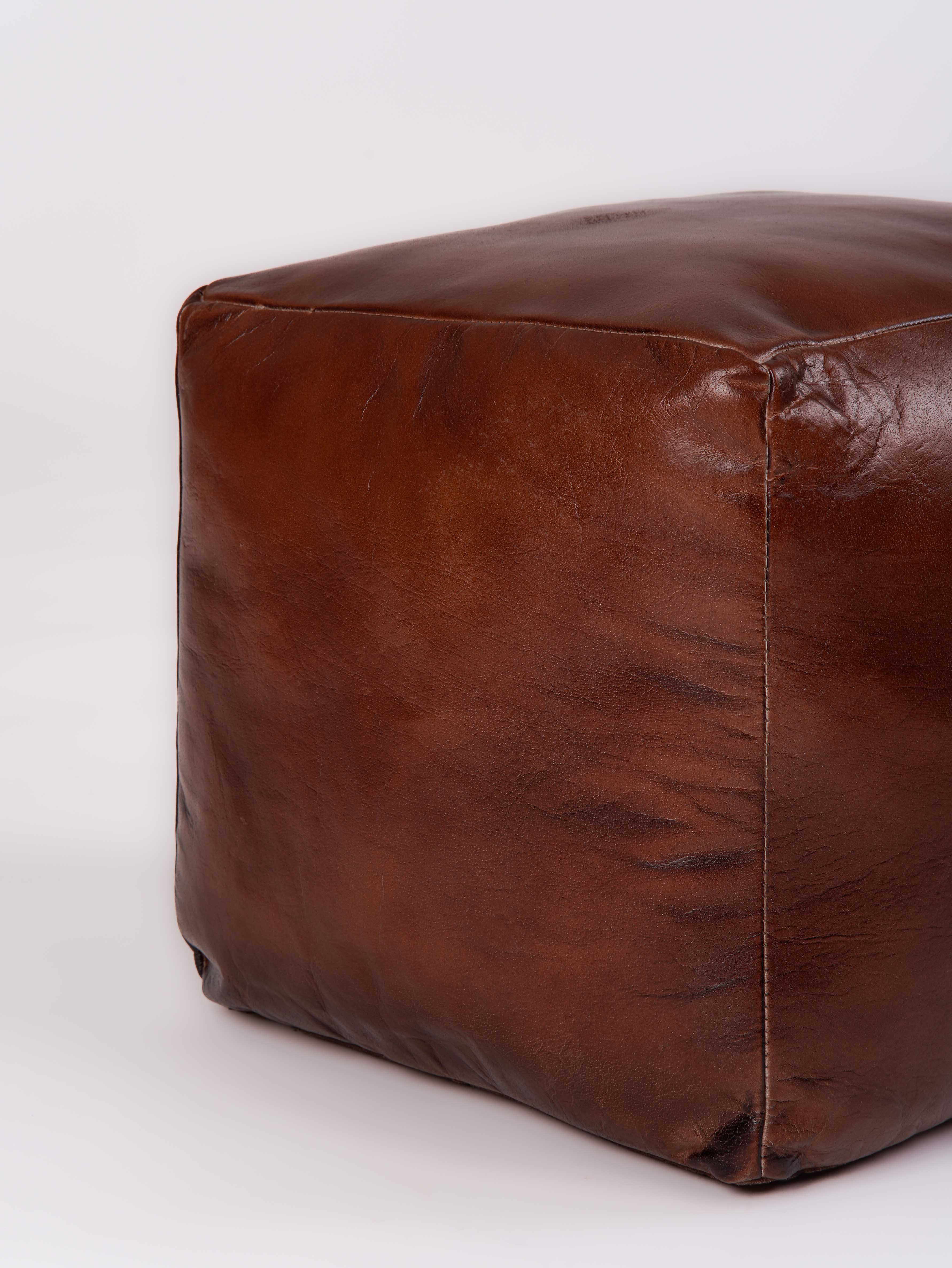 Handmade Buffalo Leather Pouf – Multiple Sizes & Colors | Round or Square | Filled