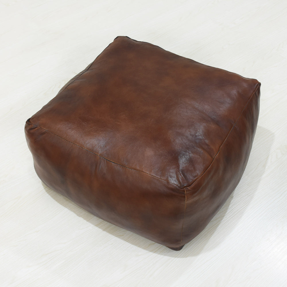 Handmade Buffalo Leather Pouf – Multiple Sizes & Colors | Round or Square | Filled