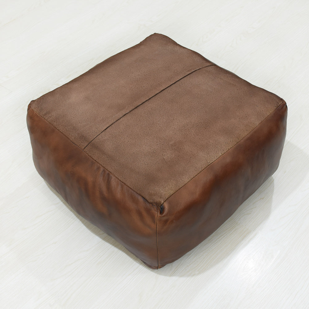Handmade Buffalo Leather Pouf – Multiple Sizes & Colors | Round or Square | Filled