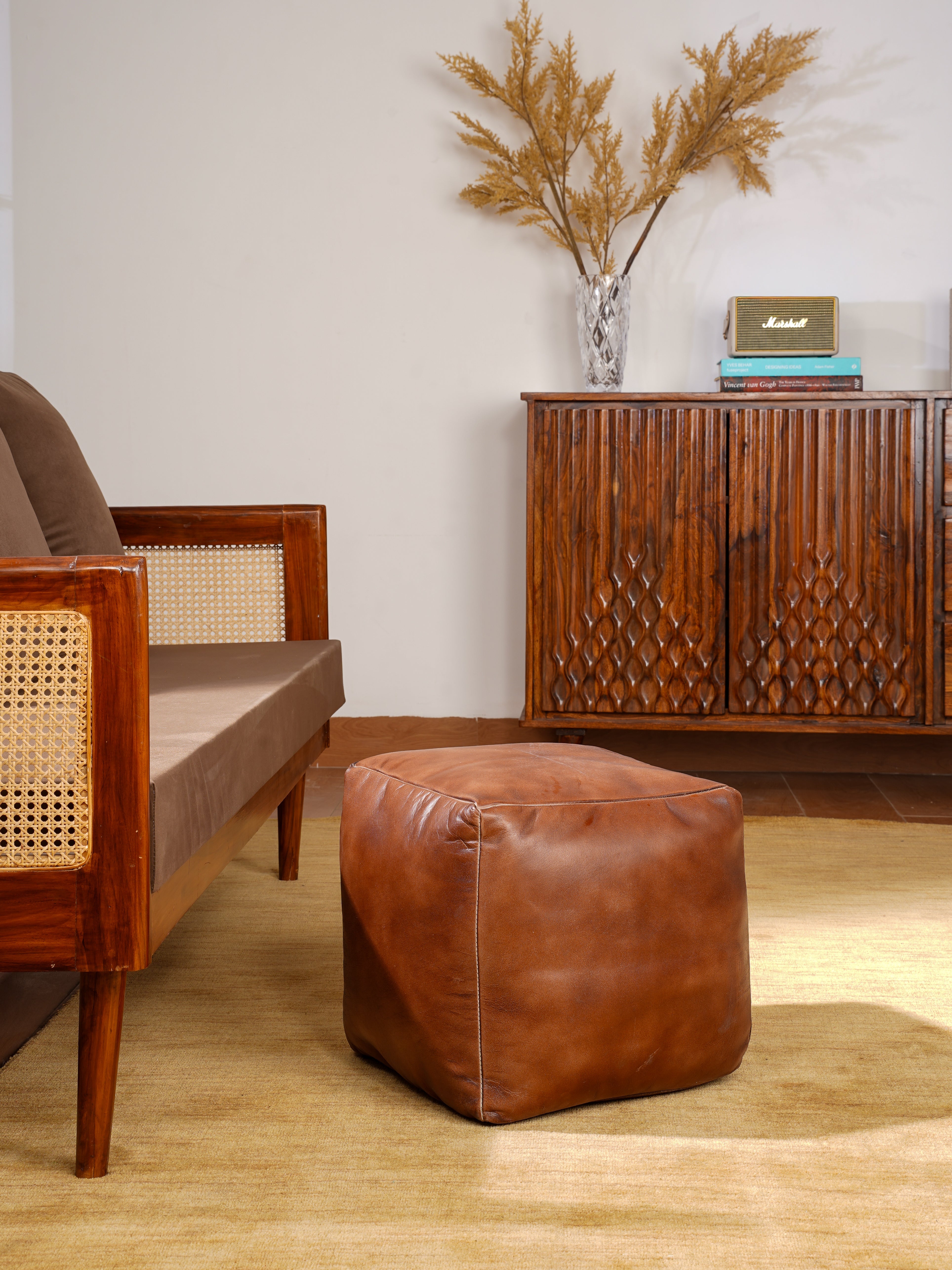Handmade Buffalo Leather Pouf – Multiple Sizes & Colors | Round or Square | Filled