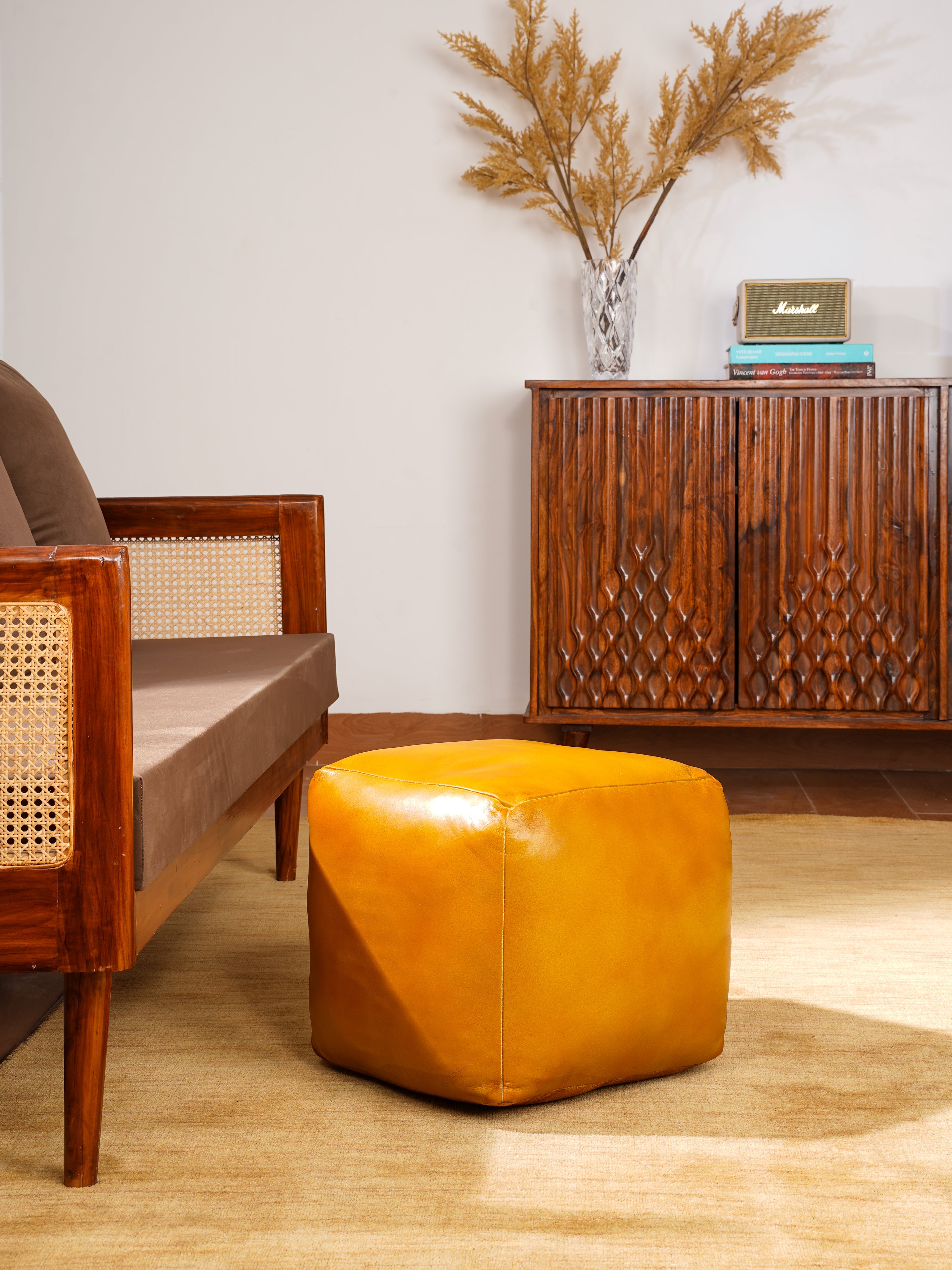 Handmade Buffalo Leather Pouf – Multiple Sizes & Colors | Round or Square | Filled