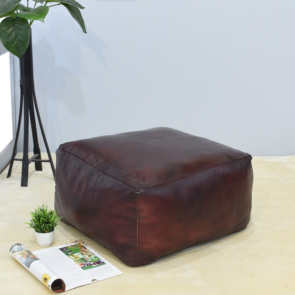 Handmade Buffalo Leather Pouf – Multiple Sizes & Colors | Round or Square | Filled