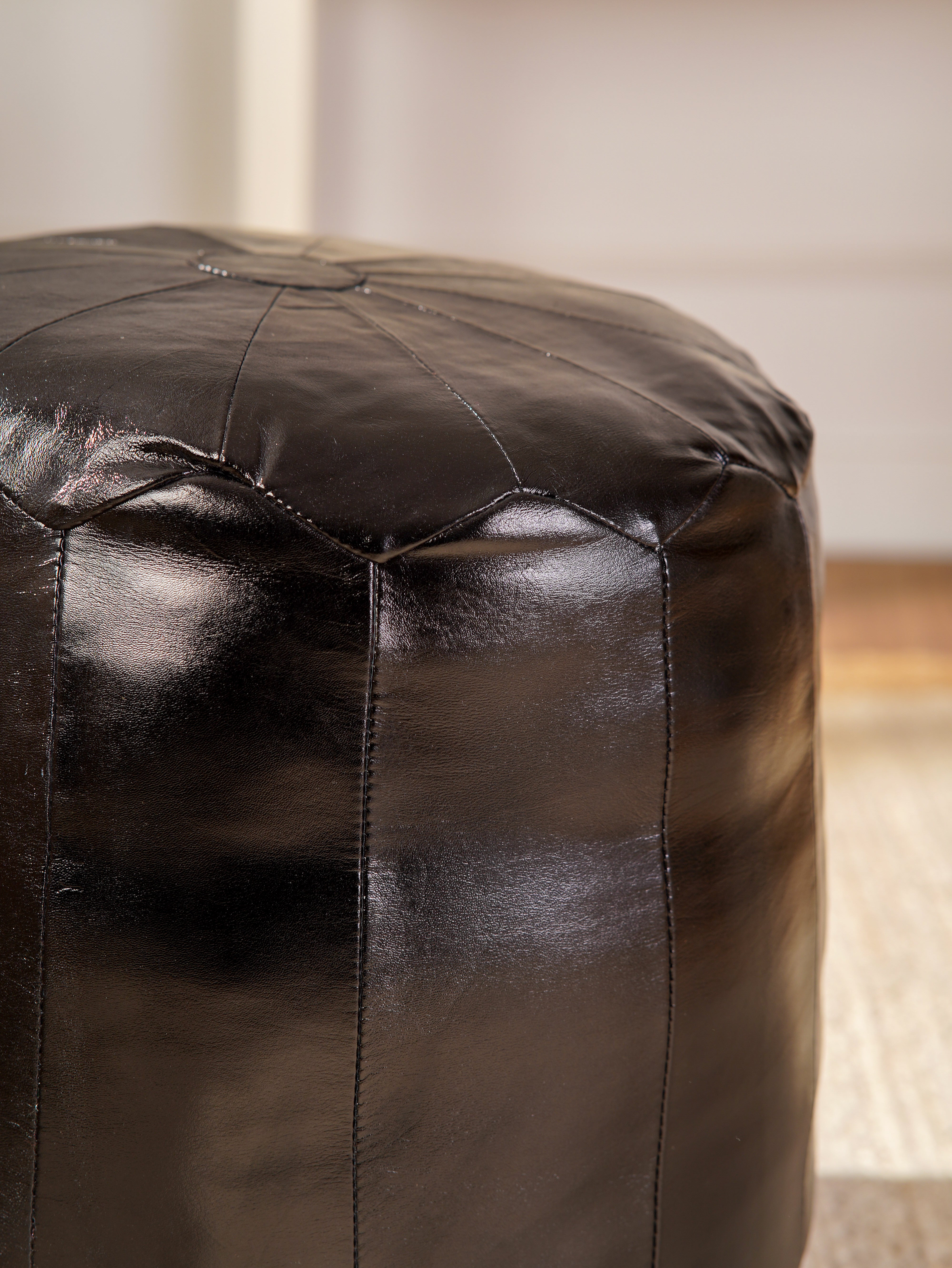 Handmade Buffalo Leather Pouf – Round Ottoman, Filled – Sienna Satchel