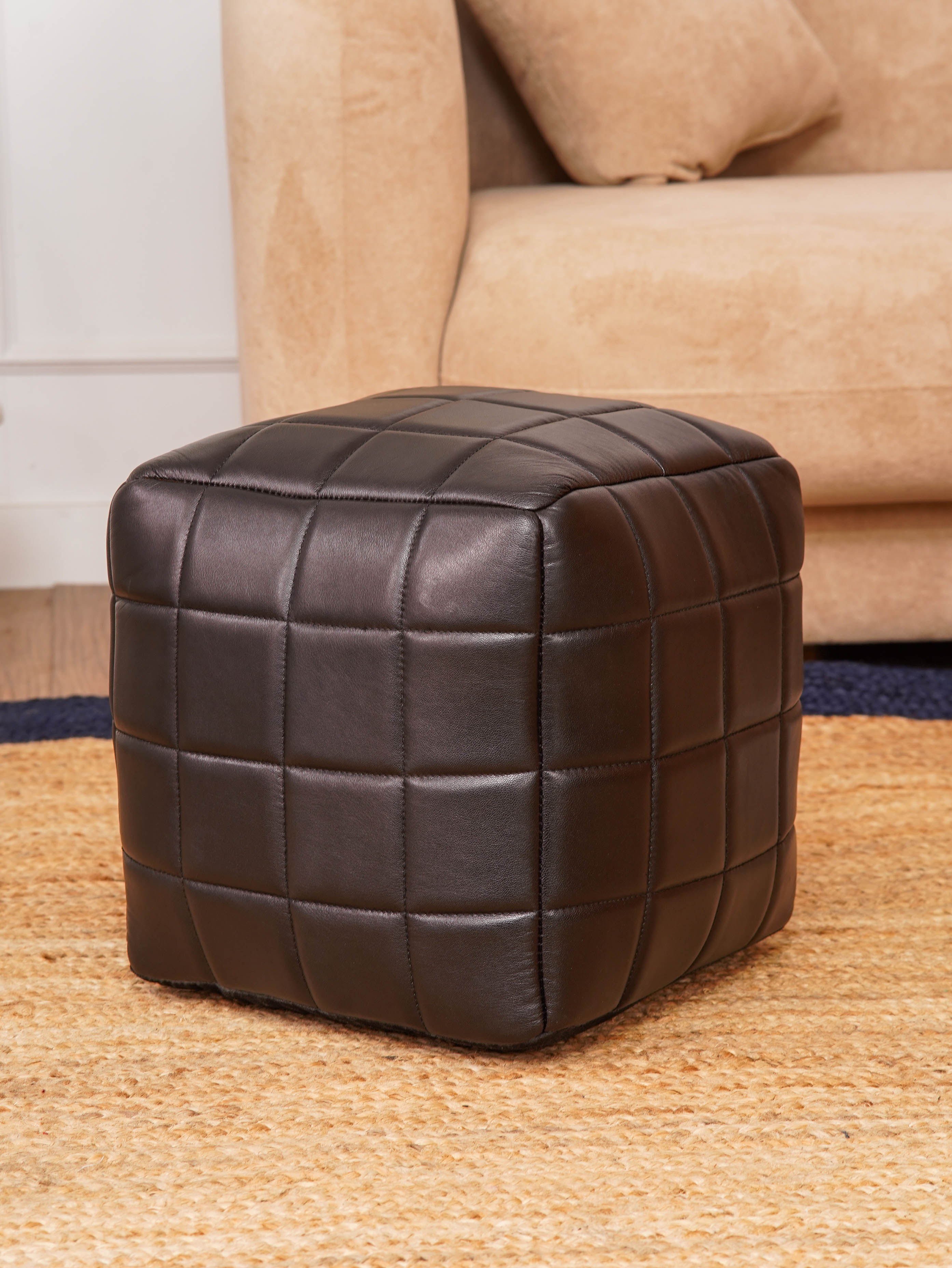 Metro Grid Leather Pouf – Square Ottoman | Handmade | Black & Brown | Filled