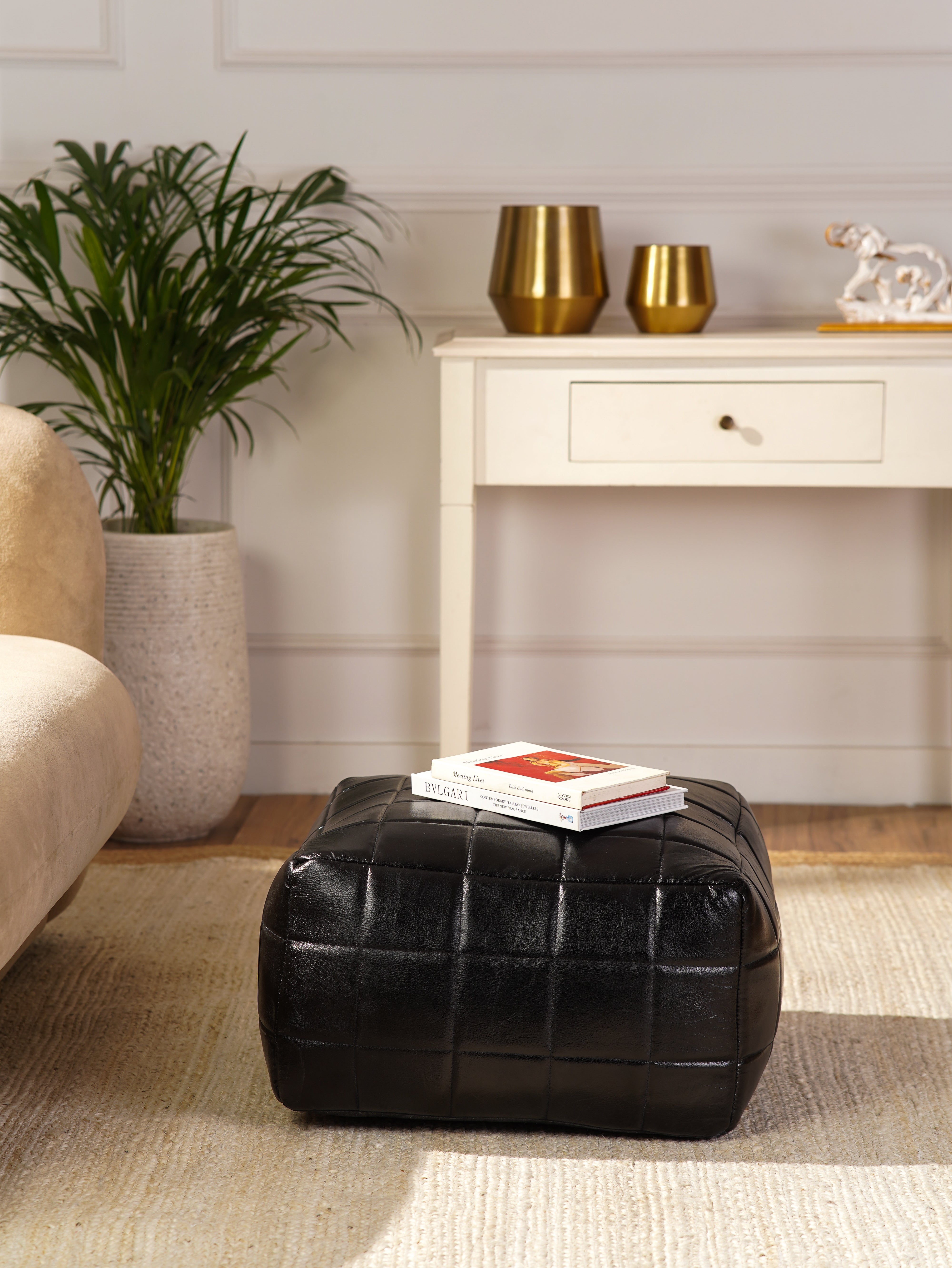 Metro Grid Leather Pouf – Square Ottoman | Handmade | Black & Brown | Filled
