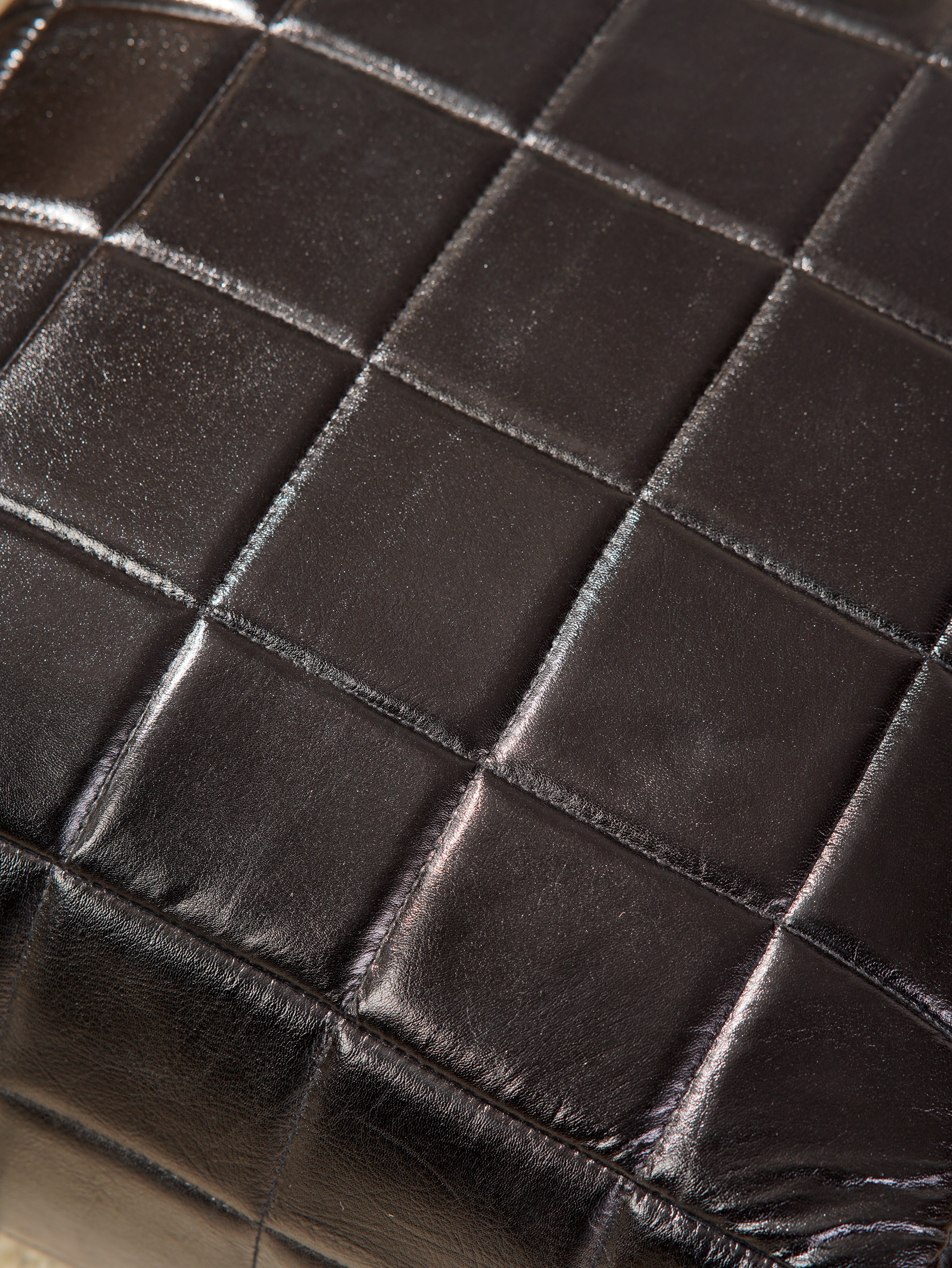Metro Grid Leather Pouf – Square Ottoman | Handmade | Black & Brown | Filled