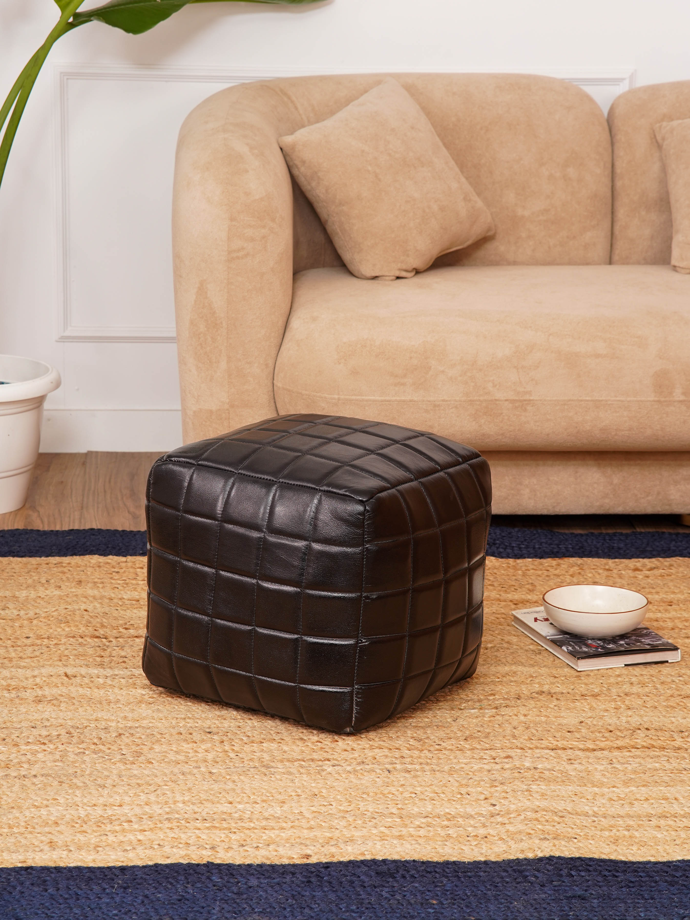 Metro Grid Leather Pouf – Square Ottoman | Handmade | Black & Brown | Filled