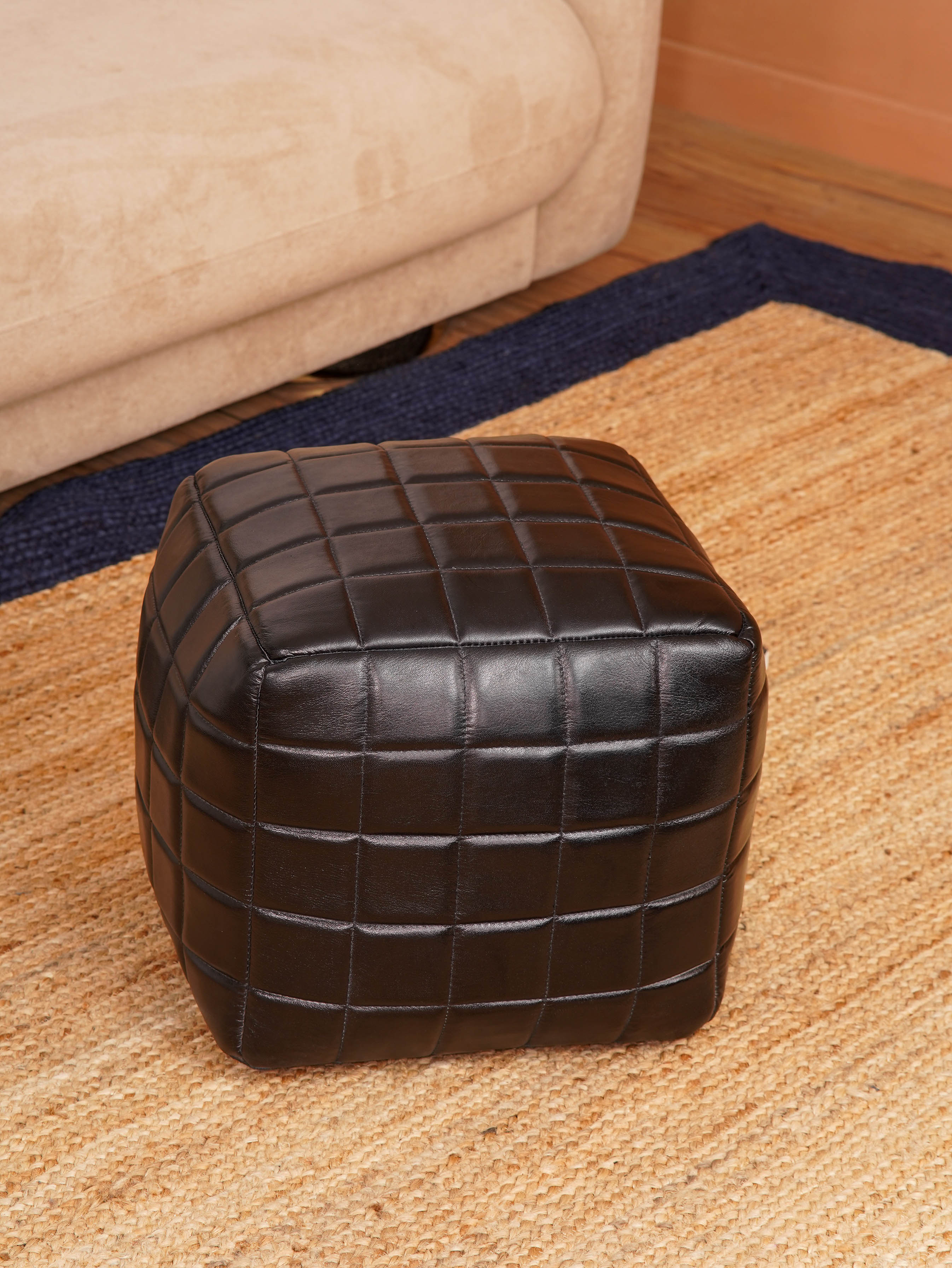 Metro Grid Leather Pouf – Square Ottoman | Handmade | Black & Brown | Filled