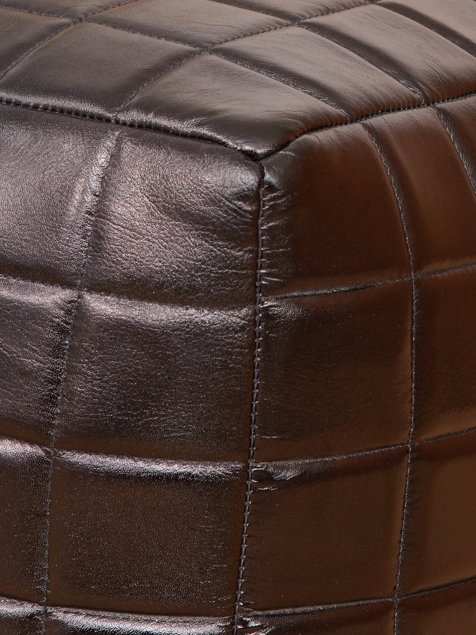Metro Grid Leather Pouf – Square Ottoman | Handmade | Black & Brown | Filled