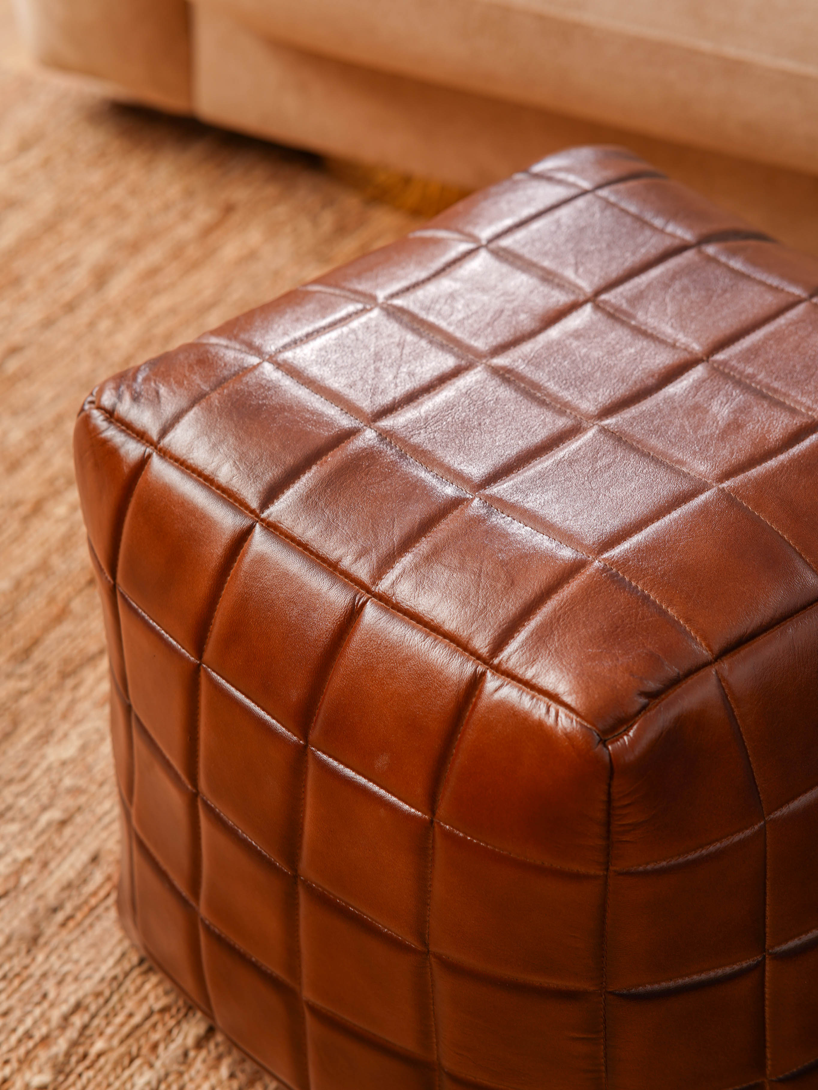 Metro Grid Leather Pouf – Square Ottoman | Handmade | Black & Brown | Filled