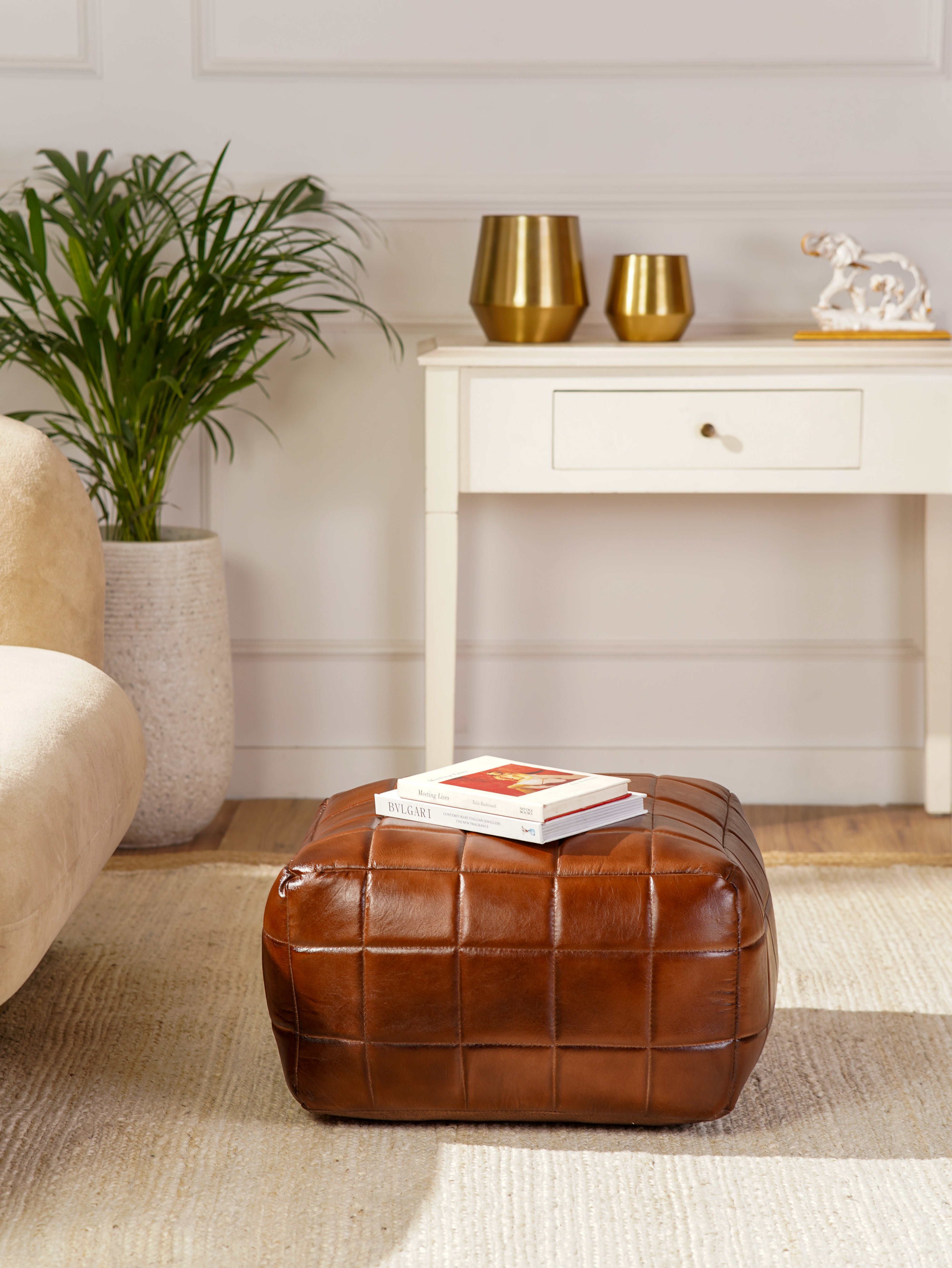 Metro Grid Leather Pouf – Square Ottoman | Handmade | Black & Brown | Filled