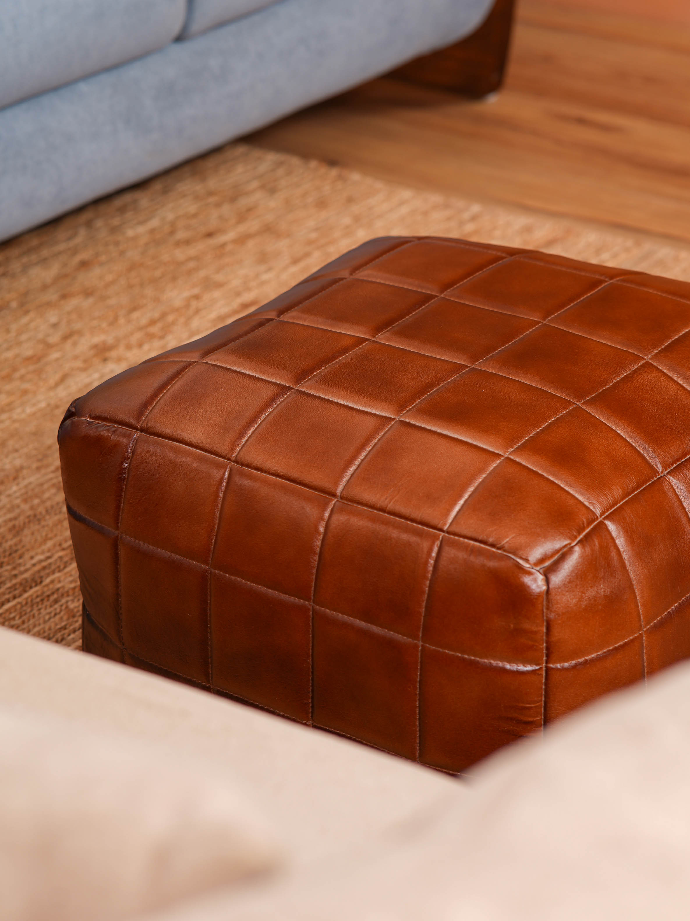 Metro Grid Leather Pouf – Square Ottoman | Handmade | Black & Brown | Filled