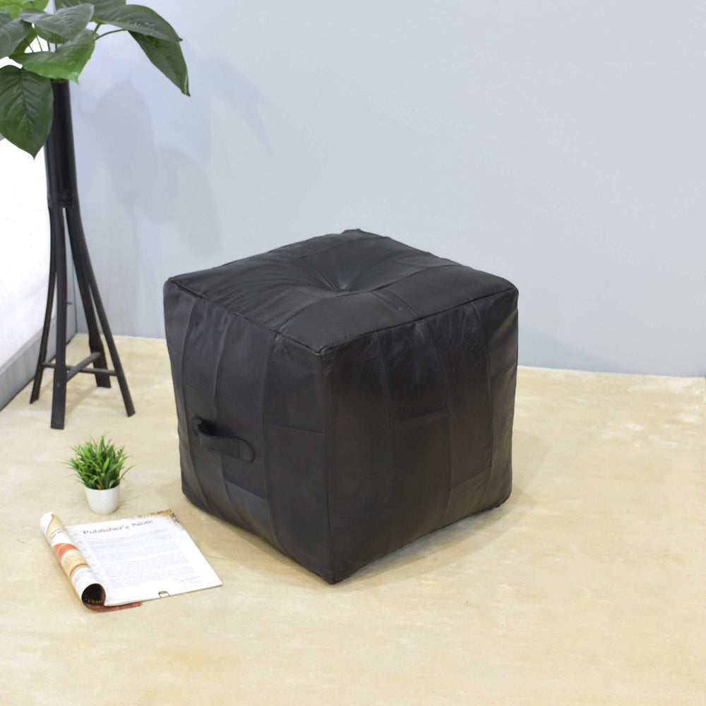 Square Buffalo Leather Pouf – Metropolitan Luxe Ottoman | Handmade | Black | Filled