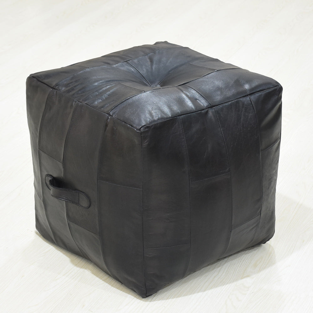 Square Buffalo Leather Pouf – Metropolitan Luxe Ottoman | Handmade | Black | Filled