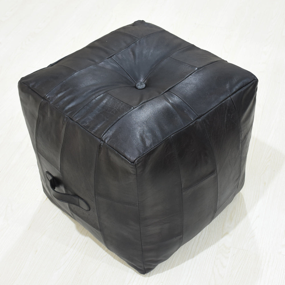 Square Buffalo Leather Pouf – Metropolitan Luxe Ottoman | Handmade | Black | Filled