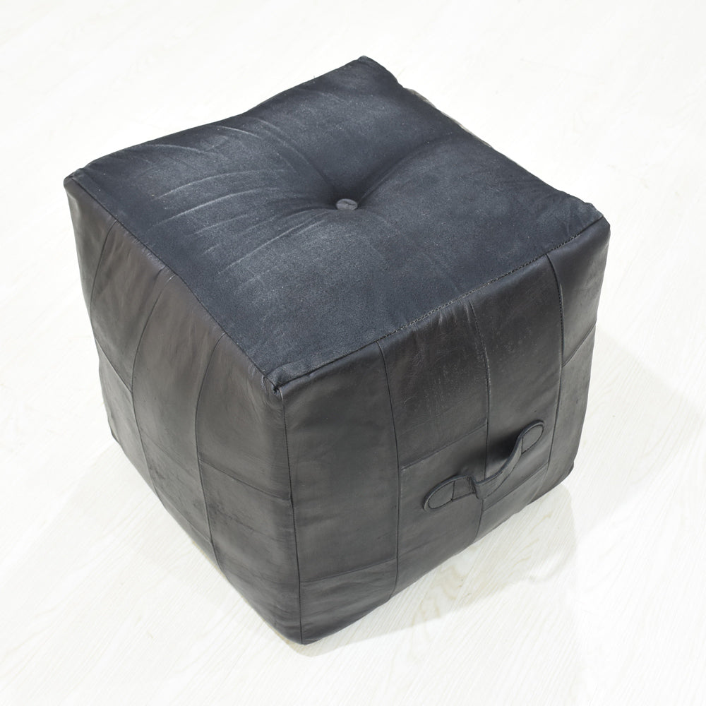 Square Buffalo Leather Pouf – Metropolitan Luxe Ottoman | Handmade | Black | Filled
