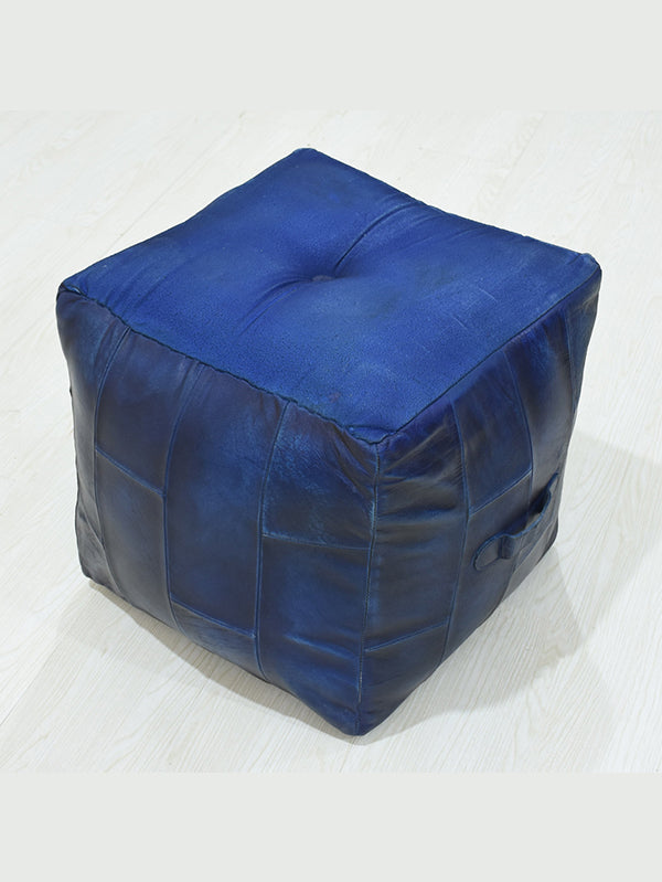 Metropolitan Luxe Blue Leather Pouf – Square Ottoman | Handmade | Vintage Blue | Filled