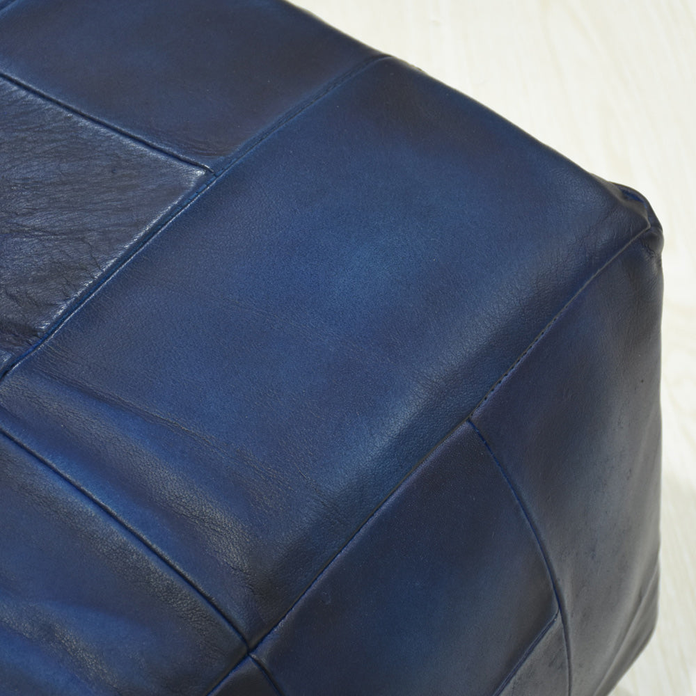 Metropolitan Luxe Blue Leather Pouf – Square Ottoman | Handmade | Vintage Blue | Filled