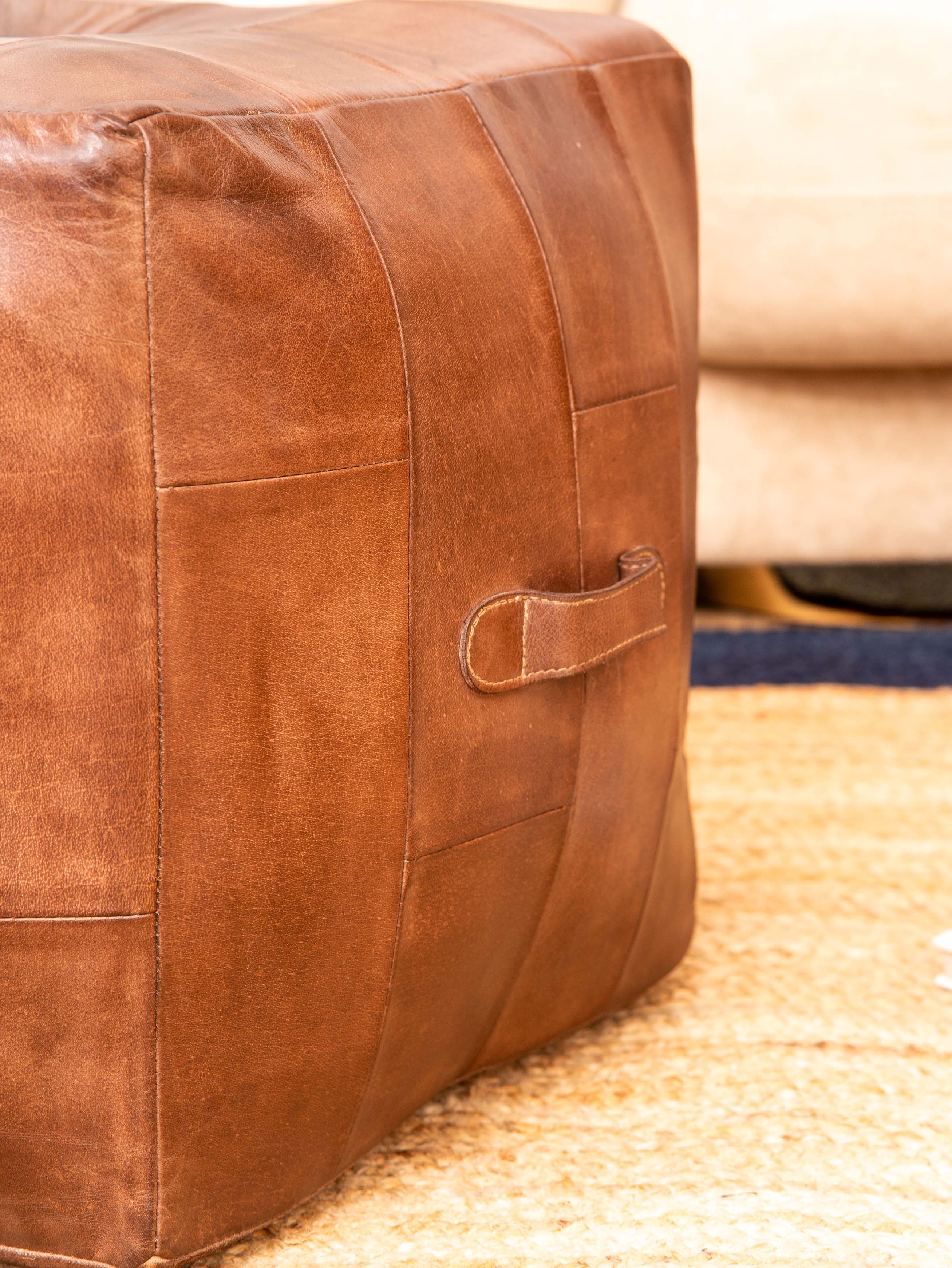 Square Buffalo Leather Pouf – Classic Cognac Ottoman | Handmade | Filled