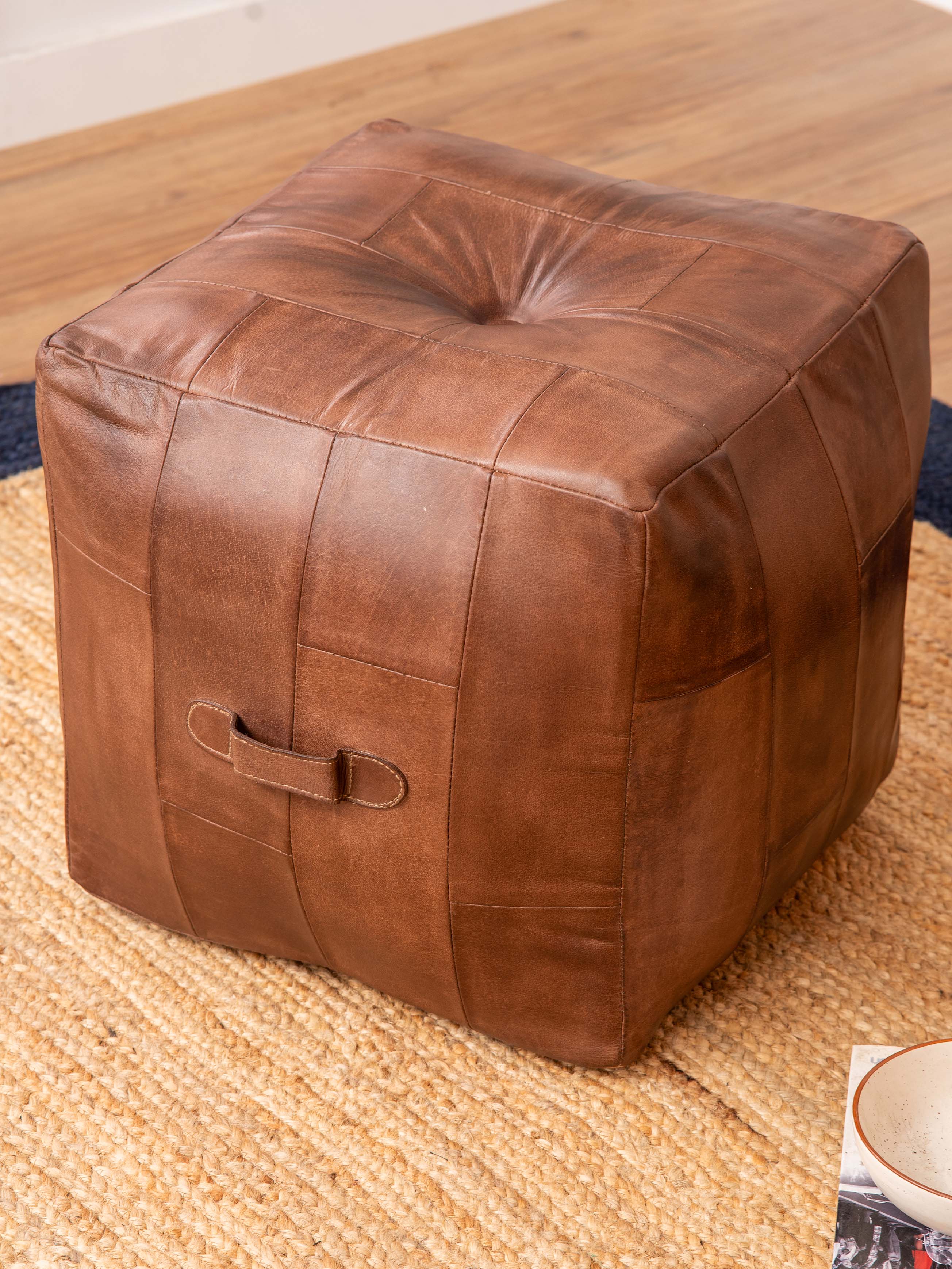 Square Buffalo Leather Pouf – Classic Cognac Ottoman | Handmade | Filled