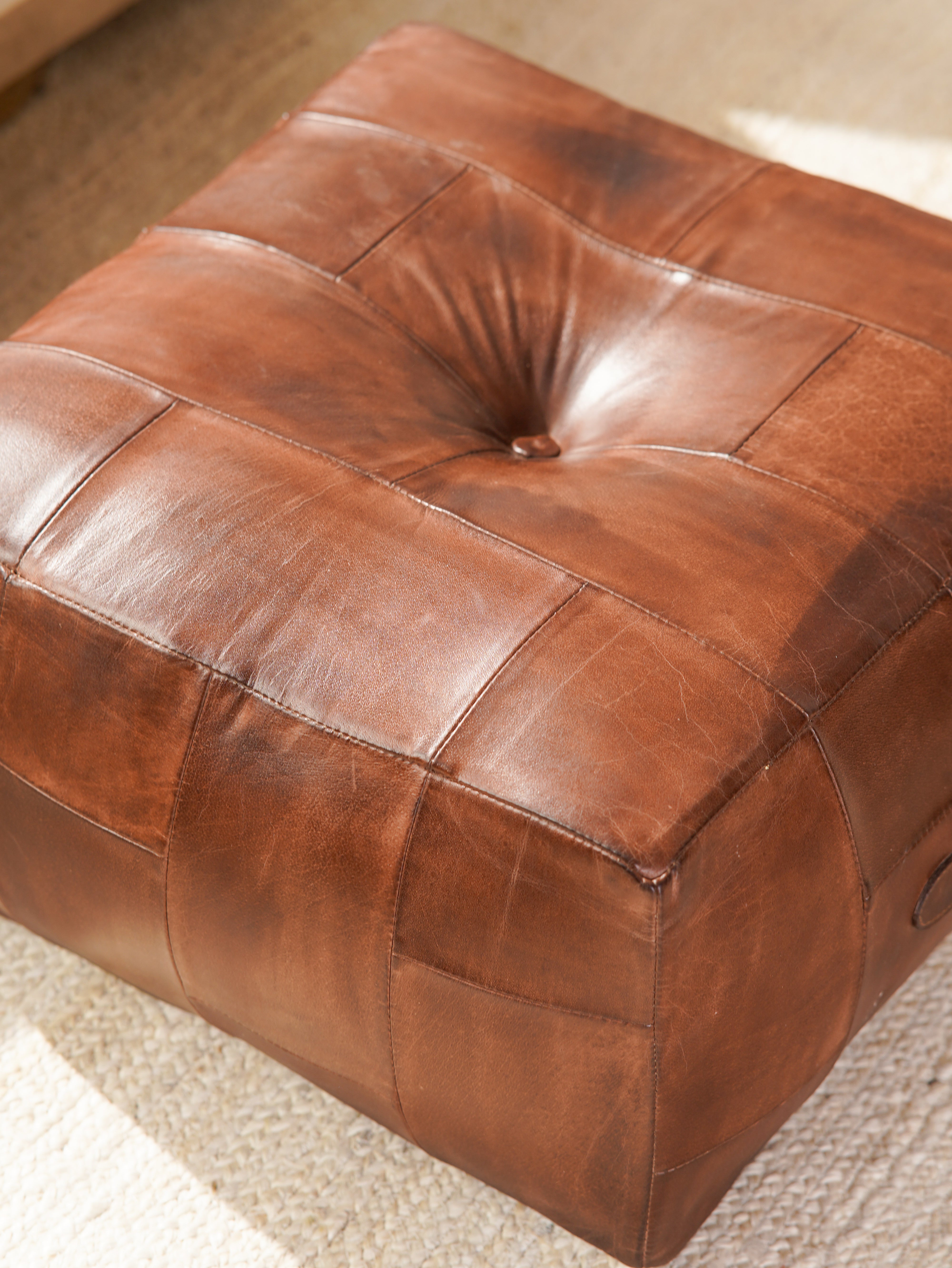 Square Buffalo Leather Pouf – Classic Cognac Ottoman | Handmade | Filled