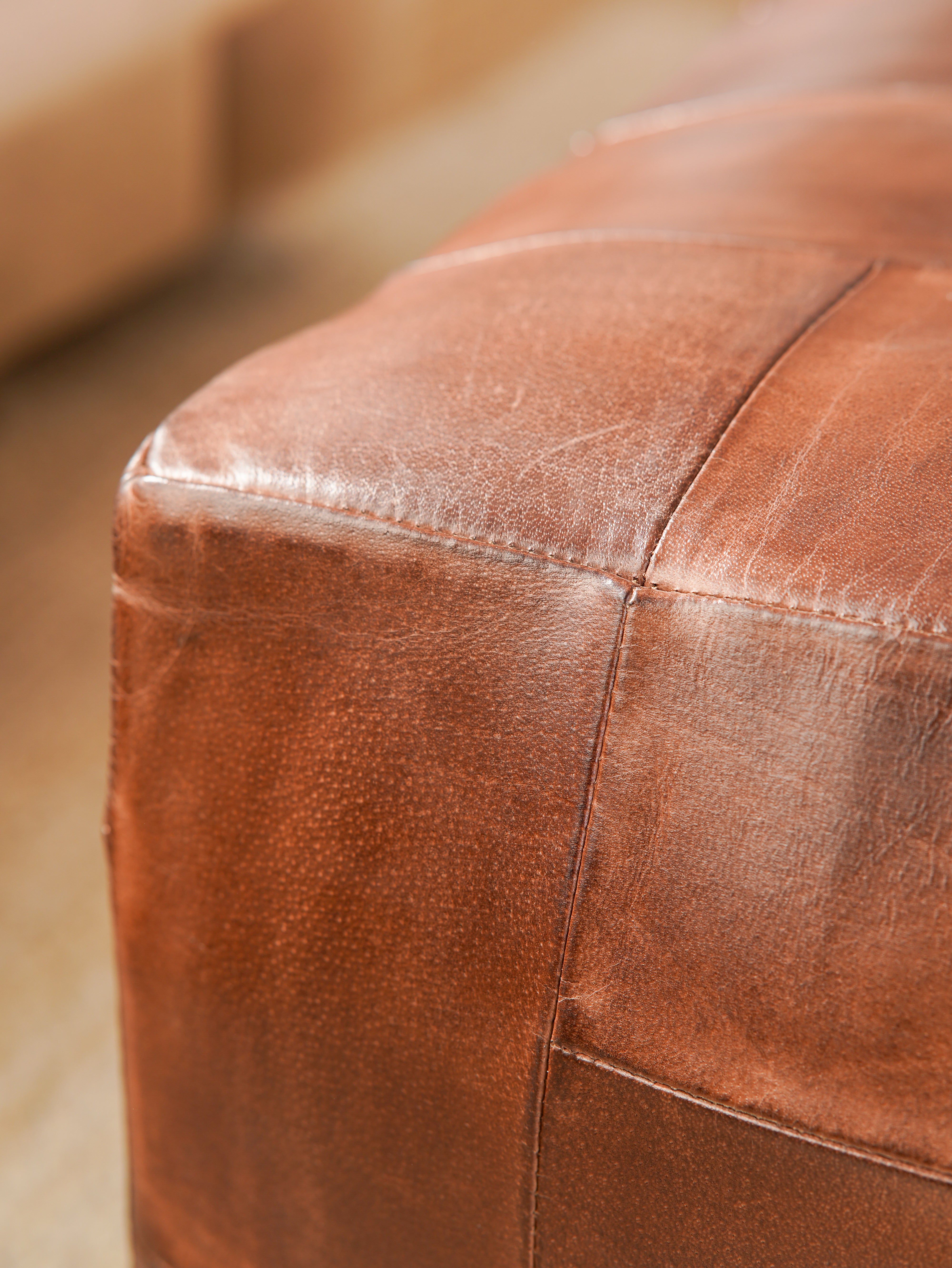 Square Buffalo Leather Pouf – Classic Cognac Ottoman | Handmade | Filled