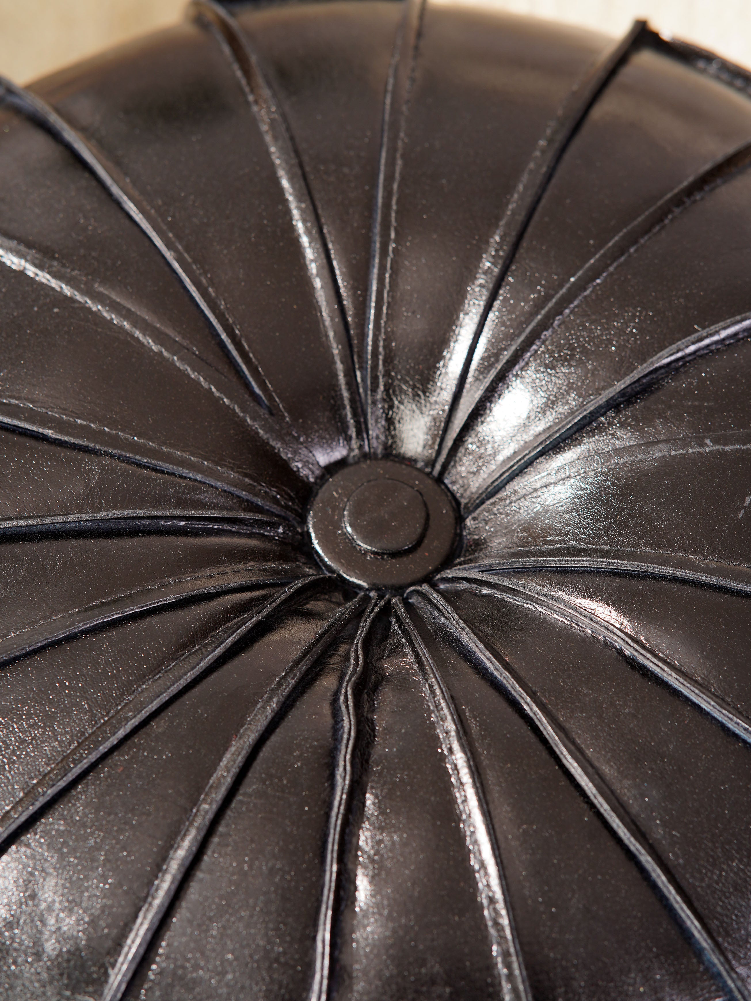 Round Buffalo Leather Pouf – Prairie Stitch Ottoman | Handmade | Black & Brown | Filled