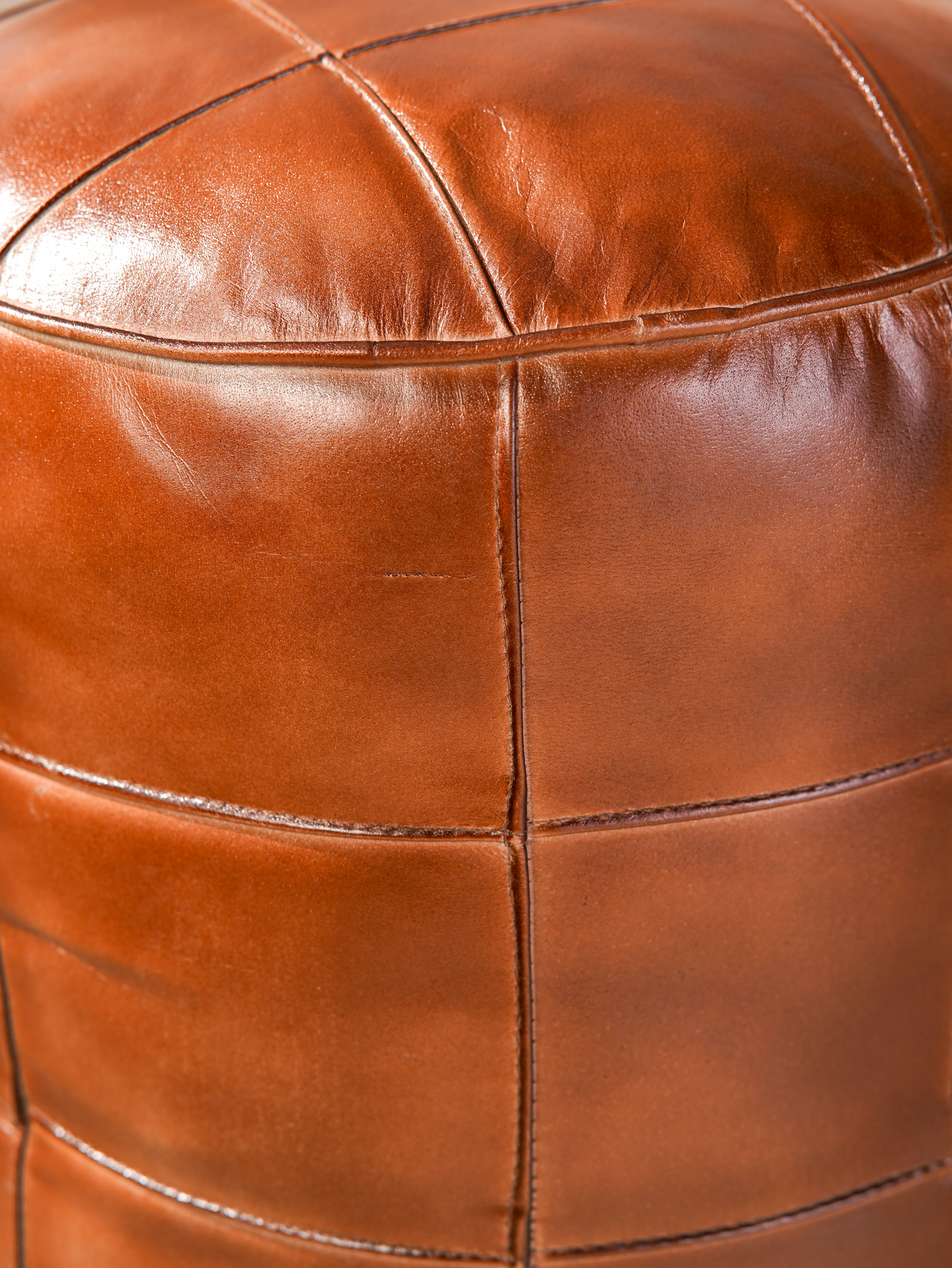 Cognac Round Leather Pouf