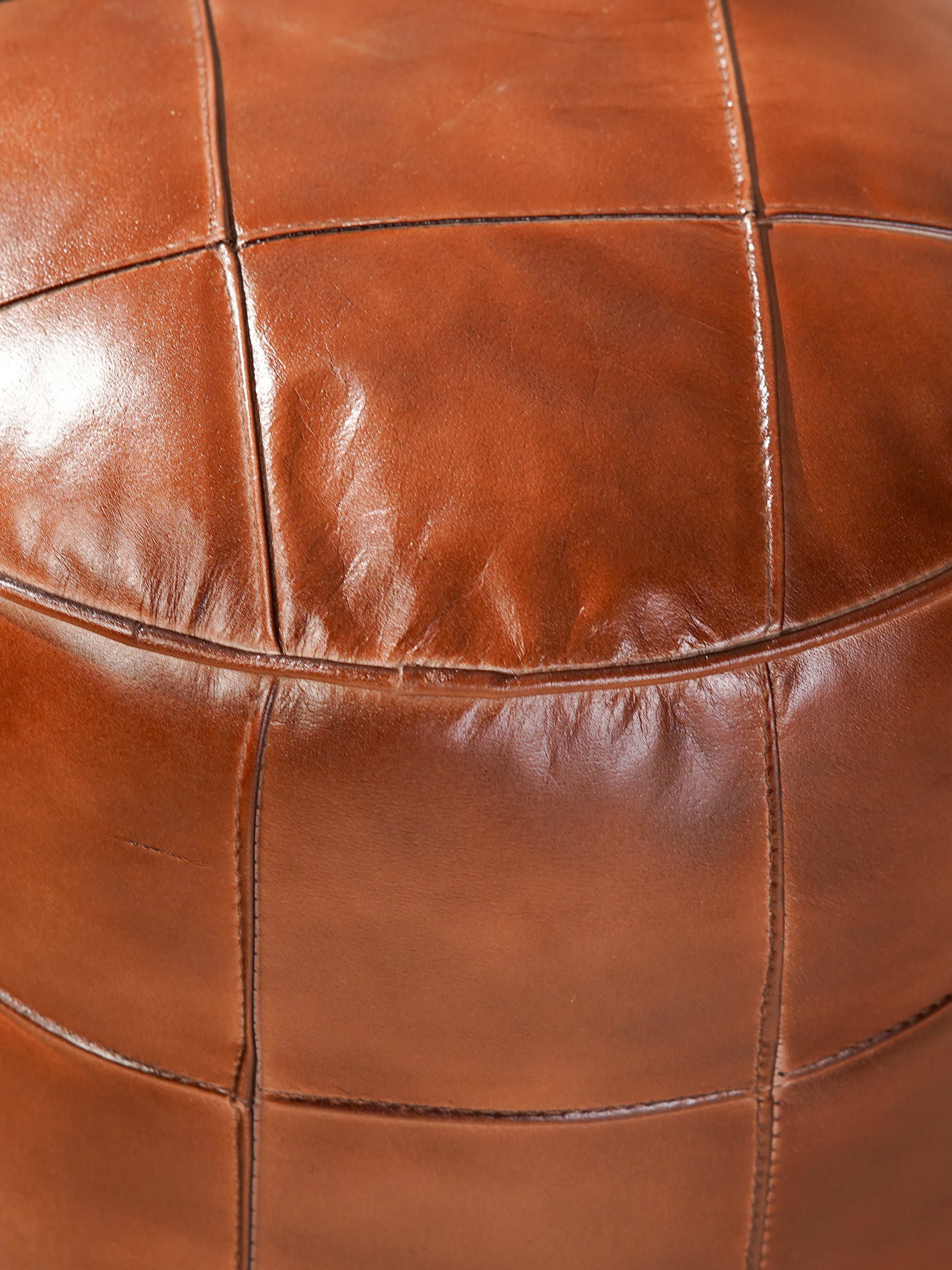 Cognac Round Leather Pouf