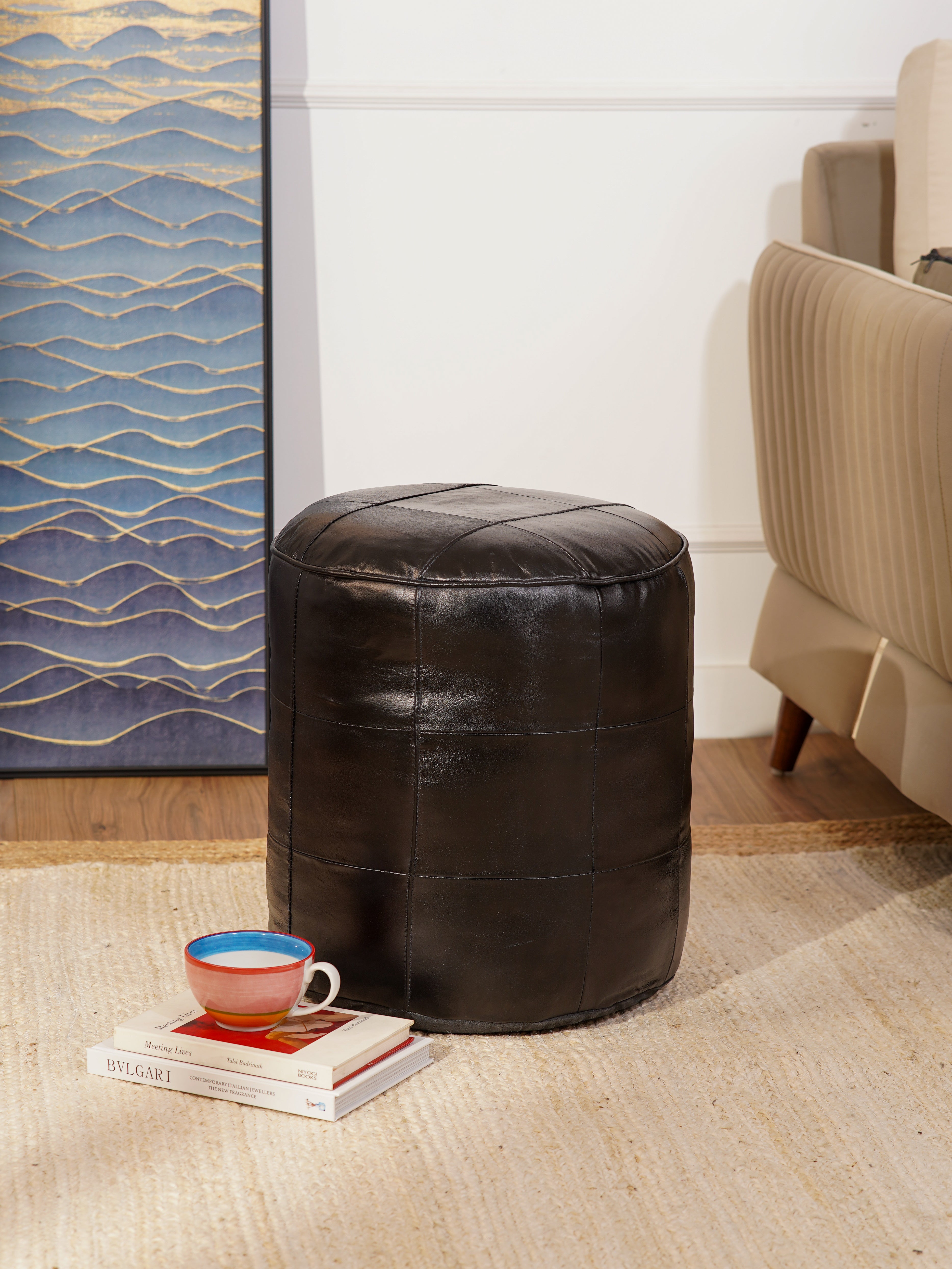 Terracotta Tuffet Round Leather Pouf – Handmade Ottoman | Cognac Brown | Filled | Buffalo Leather