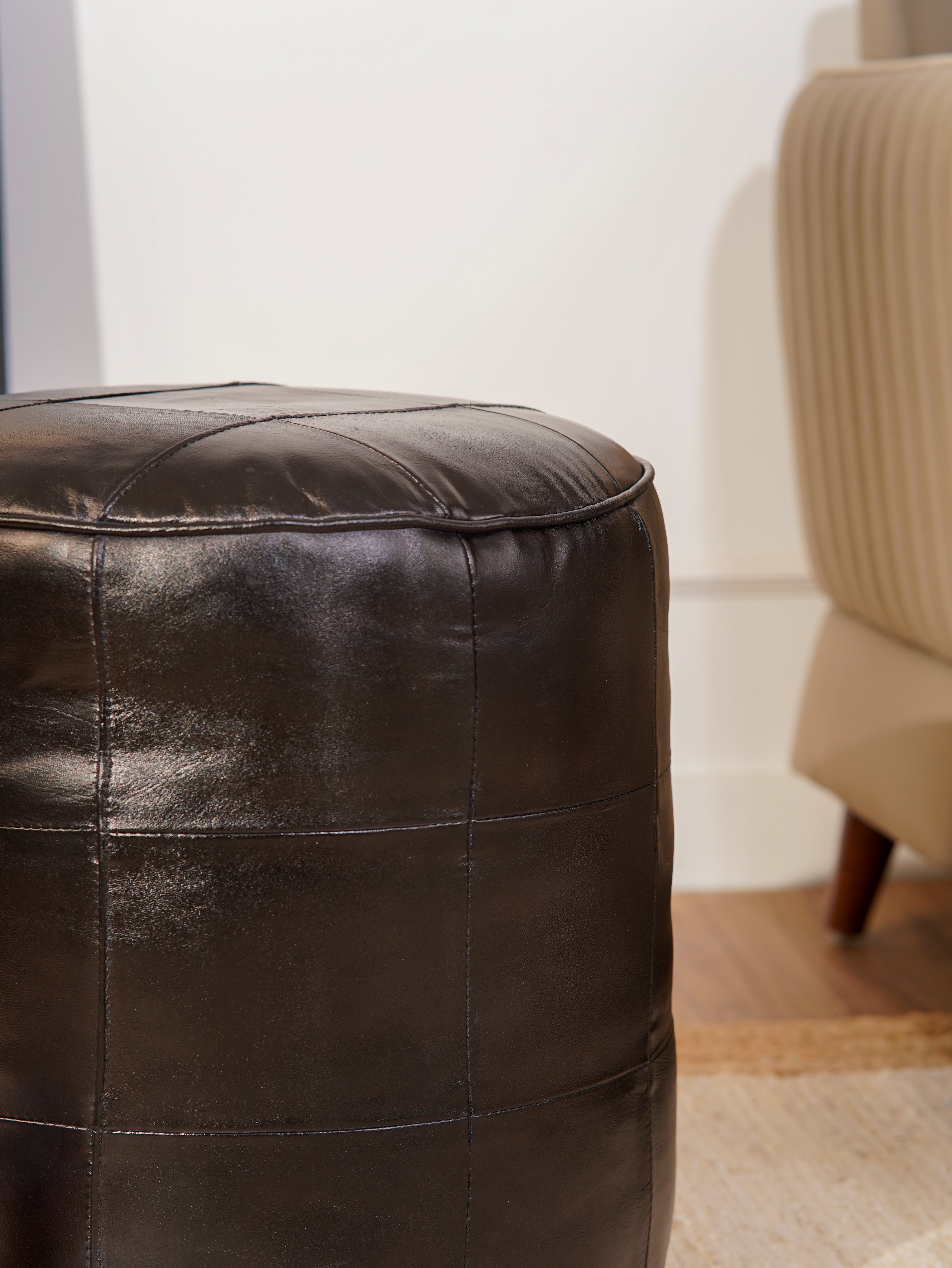 Terracotta Tuffet Round Leather Pouf – Handmade Ottoman | Cognac Brown | Filled | Buffalo Leather
