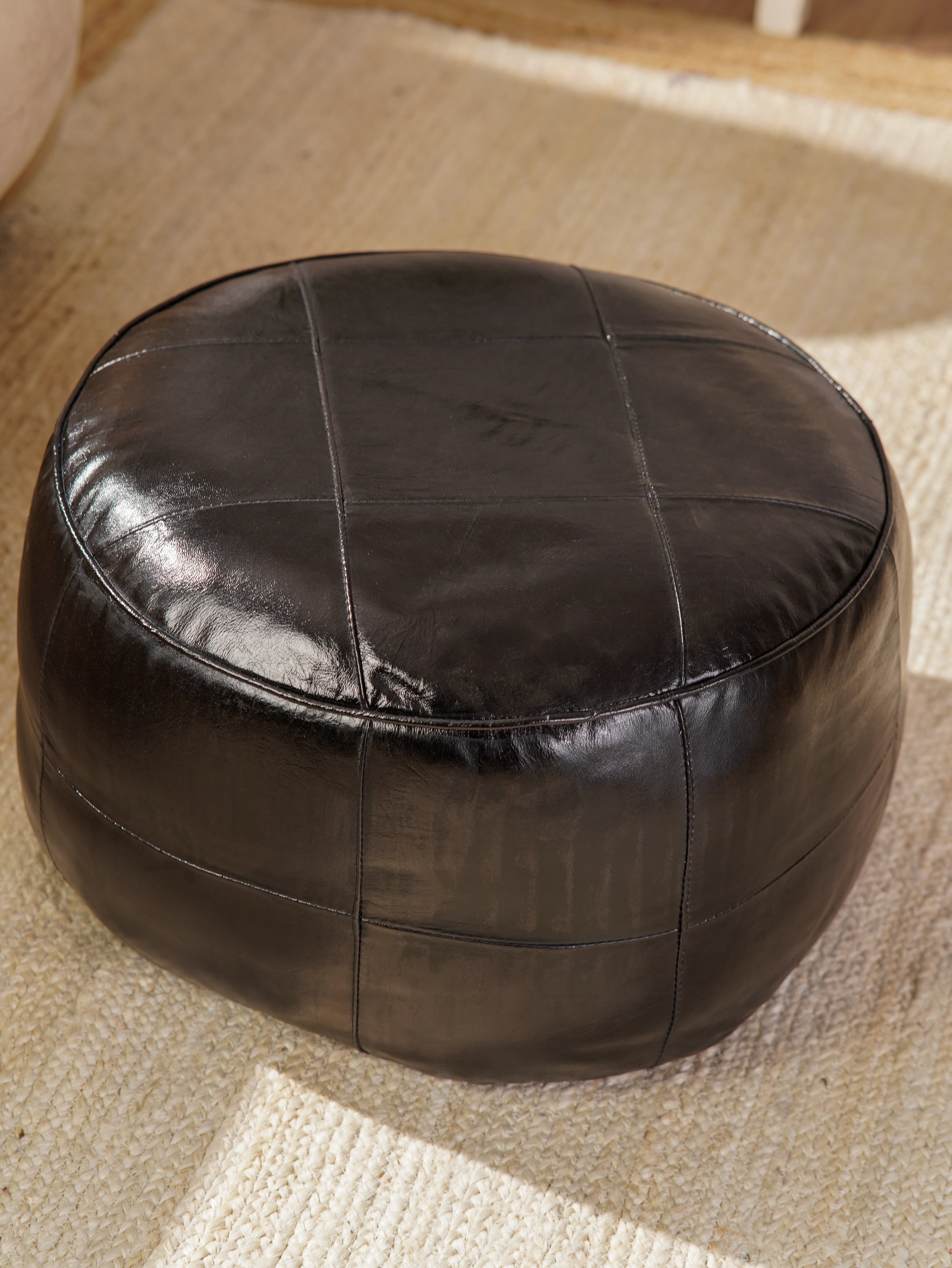 Terracotta Tuffet Round Leather Pouf – Handmade Ottoman | Cognac Brown | Filled | Buffalo Leather